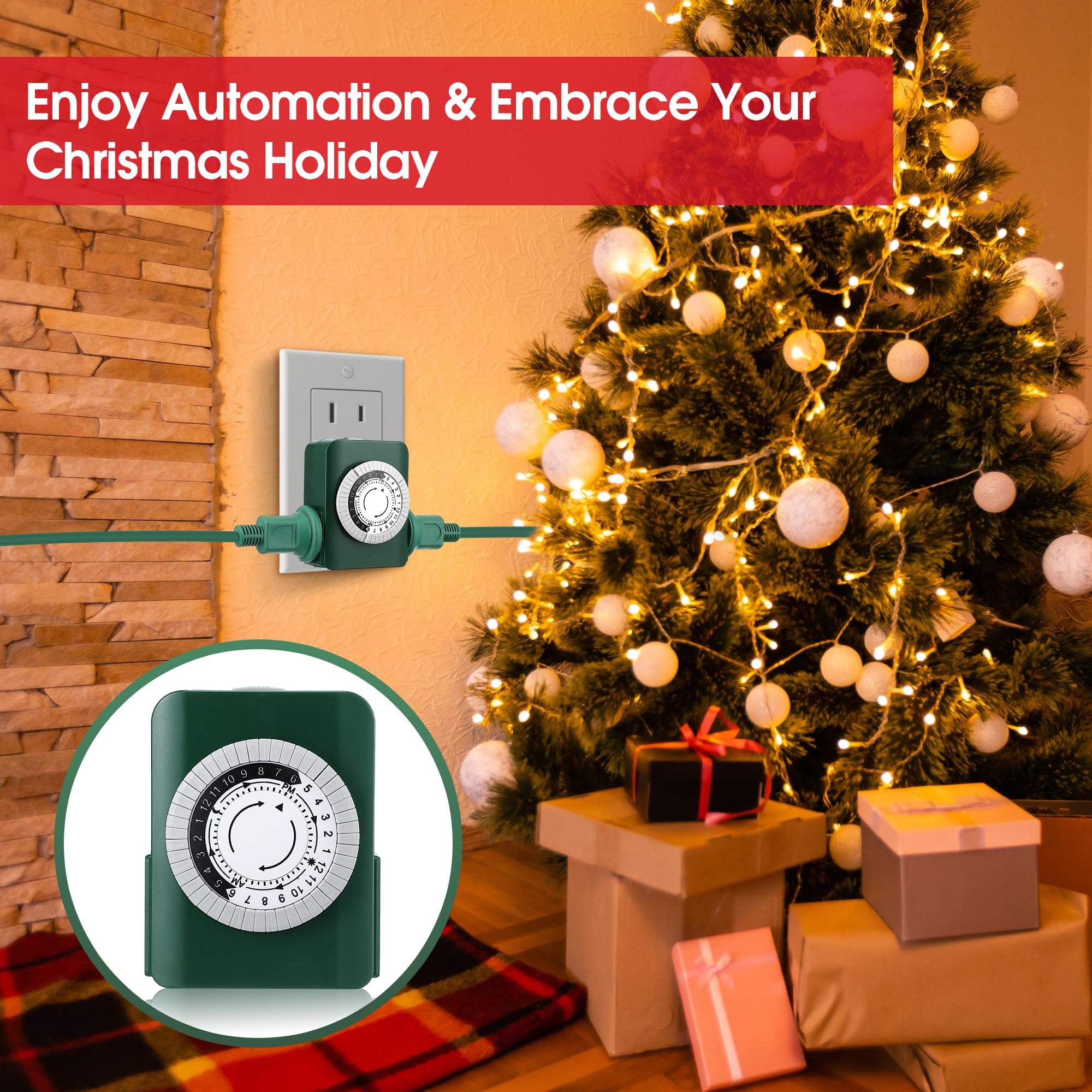 24 Hour 2 Grounded Outlets Mechanical Outlet Timer - Plug in Light Timer for Christmas Tree & Indoor Electrical Outlets - Daily On/Off Cycle - Perfect for Xmas Lights, Holiday Decorations & Home Appliances (2 Pack, Green)