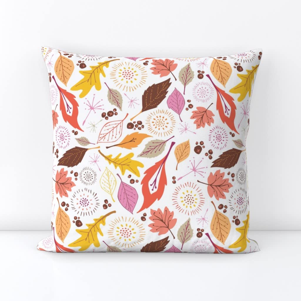 18x18 Inch Fall Autumn Scandinavian Print Throw Pillow Cover - Whimsical Leaves & Hand-Drawn Berries Design on Linen Cotton Canvas | Perfect for Sofa, Bedroom Decor and Seasonal Home Accents