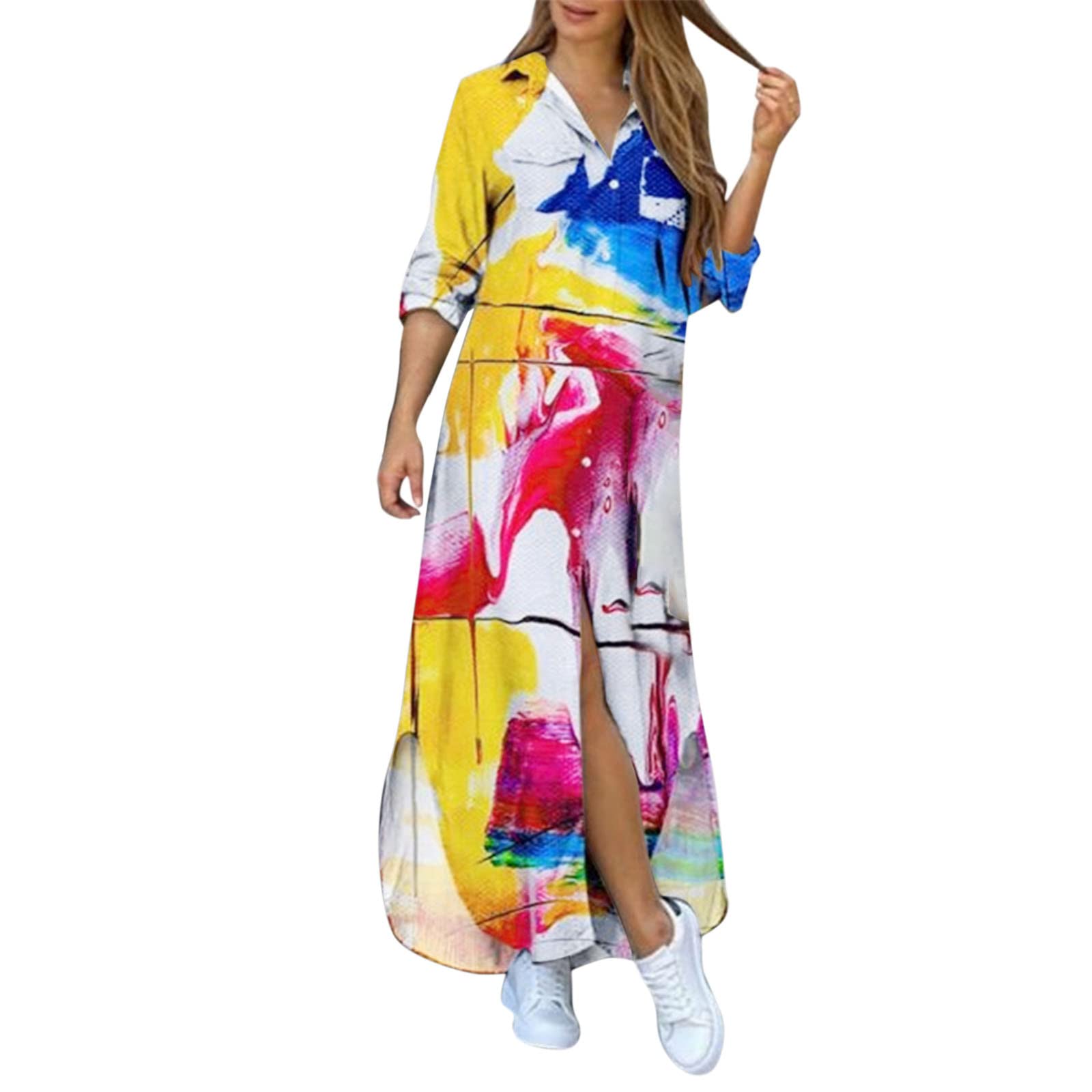 Pinkpaopao Women's Flowy Boho Cocktail Dress - Long Sleeve Loose Swing Dress with Printed Pattern for Fall | Perfect for Parties, Date Nights & Casual Outings