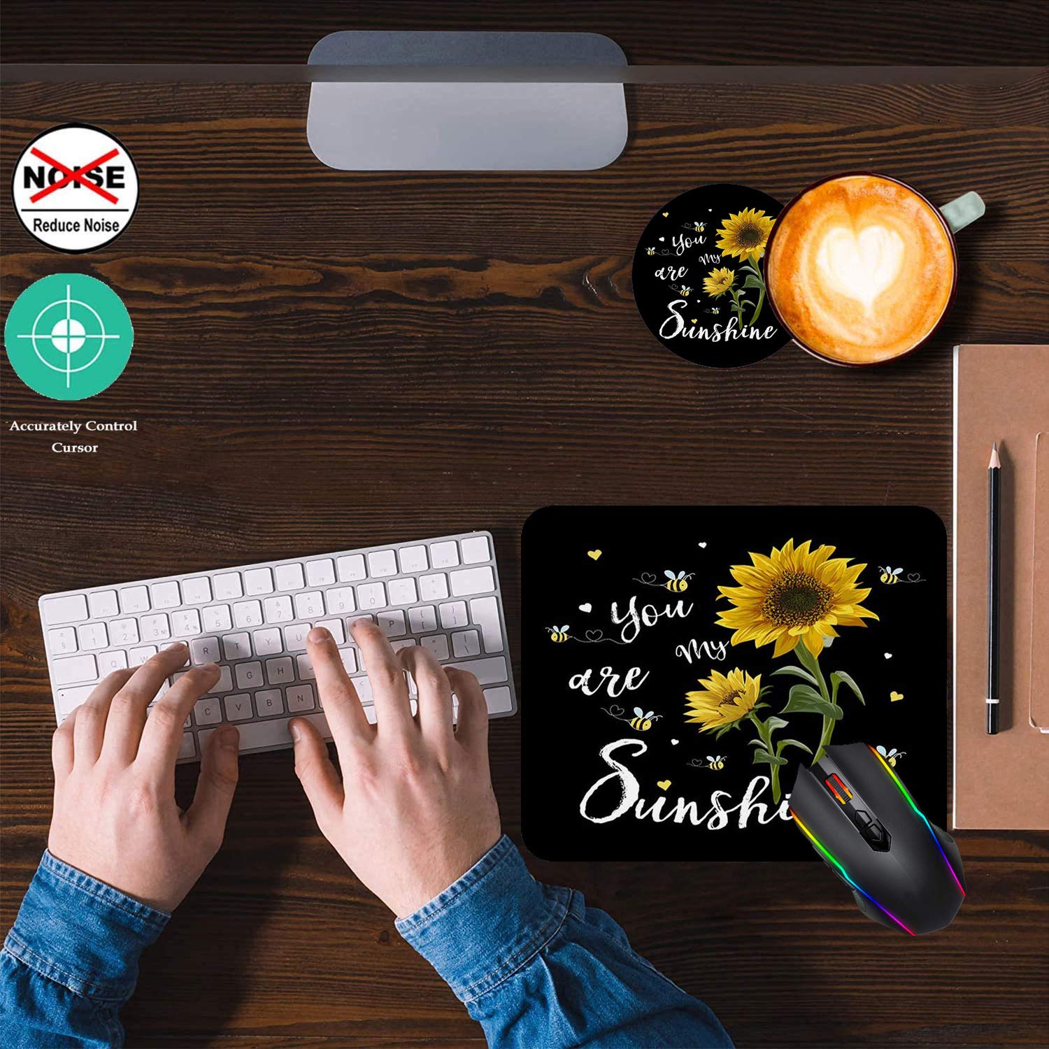 Sunflower 'You Are My Sunshine' Gaming Mouse Pad & Coasters Set - Non-Slip Rubber Rectangle Mouse Mat for Work, Office & PC Gaming - Perfect for Computer Desks, Home Office Setup & Gift Giving