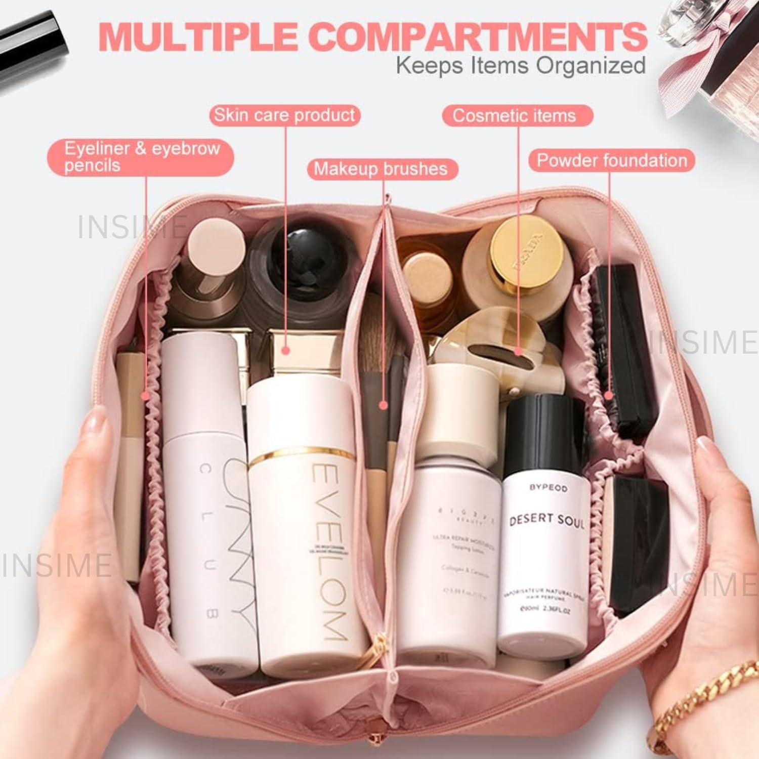 INSIME Large Travel Makeup Organizer Cosmetic Bag for Women - PU Leather Portable Makeup Pouch | Waterproof Cosmetic Case for Toiletries & Beauty Essentials | Perfect for Travel, Gym, and Daily Use