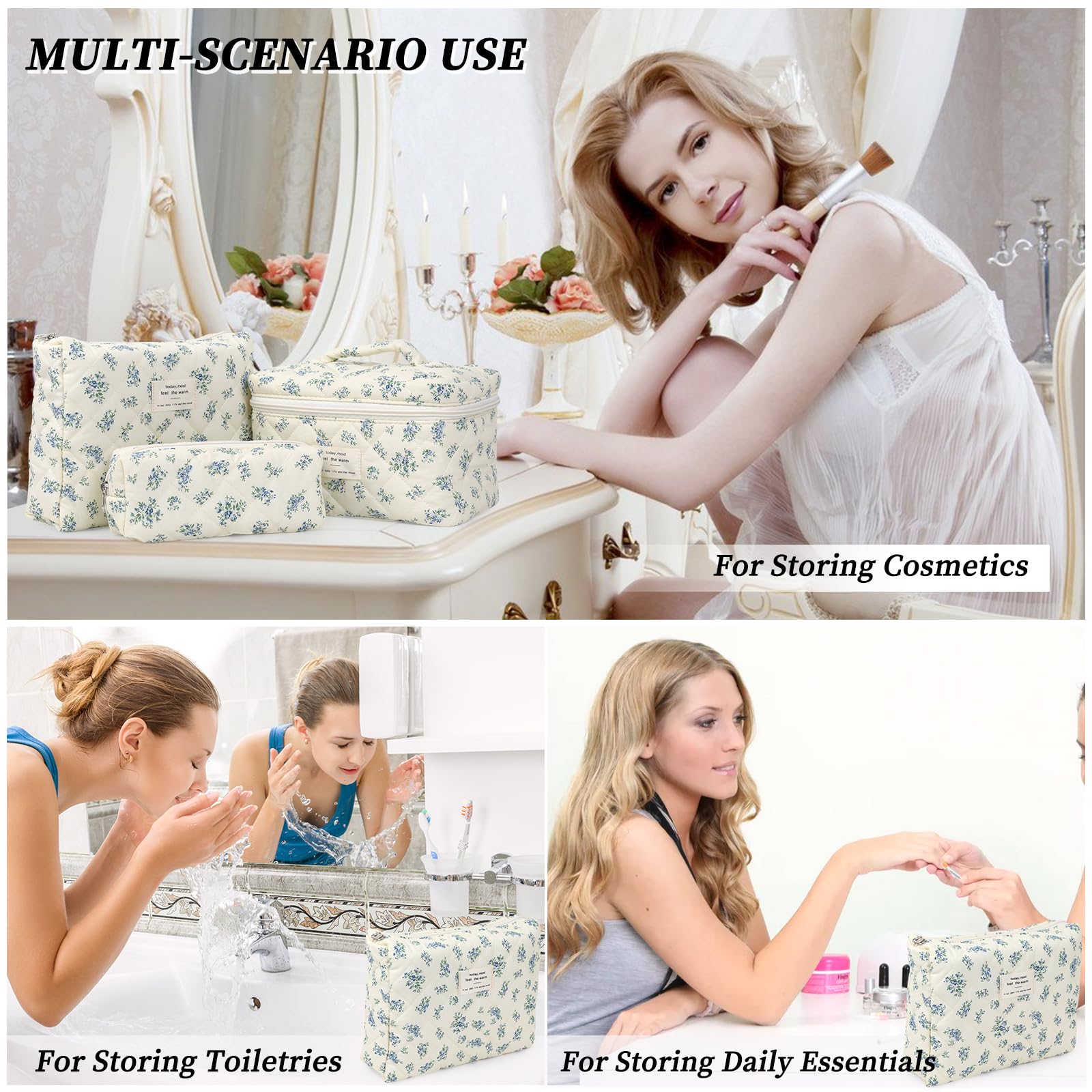 Quilted Makeup Bag for Women, Floral Cosmetic Travel Organizer - Perfect for Toiletries & Travel