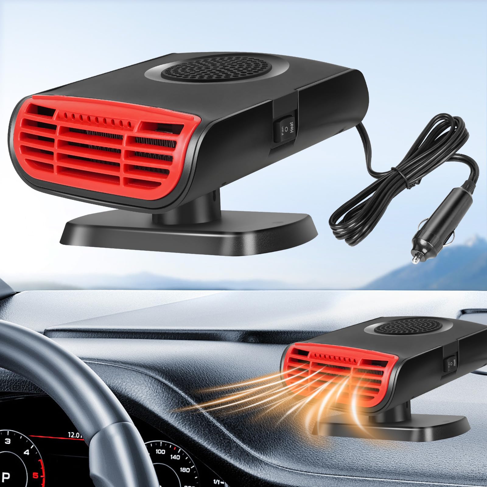 Upgraded 2-in-1 Portable Car Heater & Cooler Fan - 12V 150W Fast Heating/Cooling Auto Heater with Cigarette Lighter Plug - 360° Windshield Defogger for Winter & Summer Driving Comfort