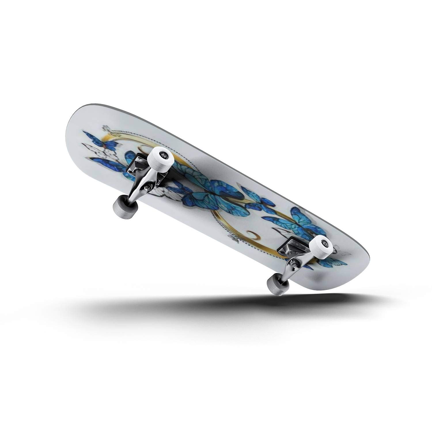 Gold Figure Eight Skateboard with Realistic Blue Morpho Butterflies - Classic Concave Design for Beginners & Professionals | Perfect for Teens, Extreme Sports, and Unique Gifts | Great for Street Skating, Commuting, and Skatepark Tricks
