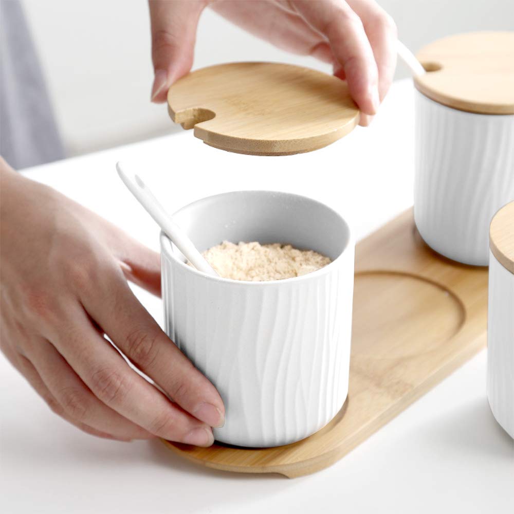 Premium Ceramic Spice Jars with Wooden Lids & Spoons - 10oz Spice Storage Containers Set of 3 for Kitchen Organization - Perfect for Storing Spices, Herbs, Coffee, Tea, Sugar & Seasonings - Ideal for Home Cooking, Baking & Coffee Bars