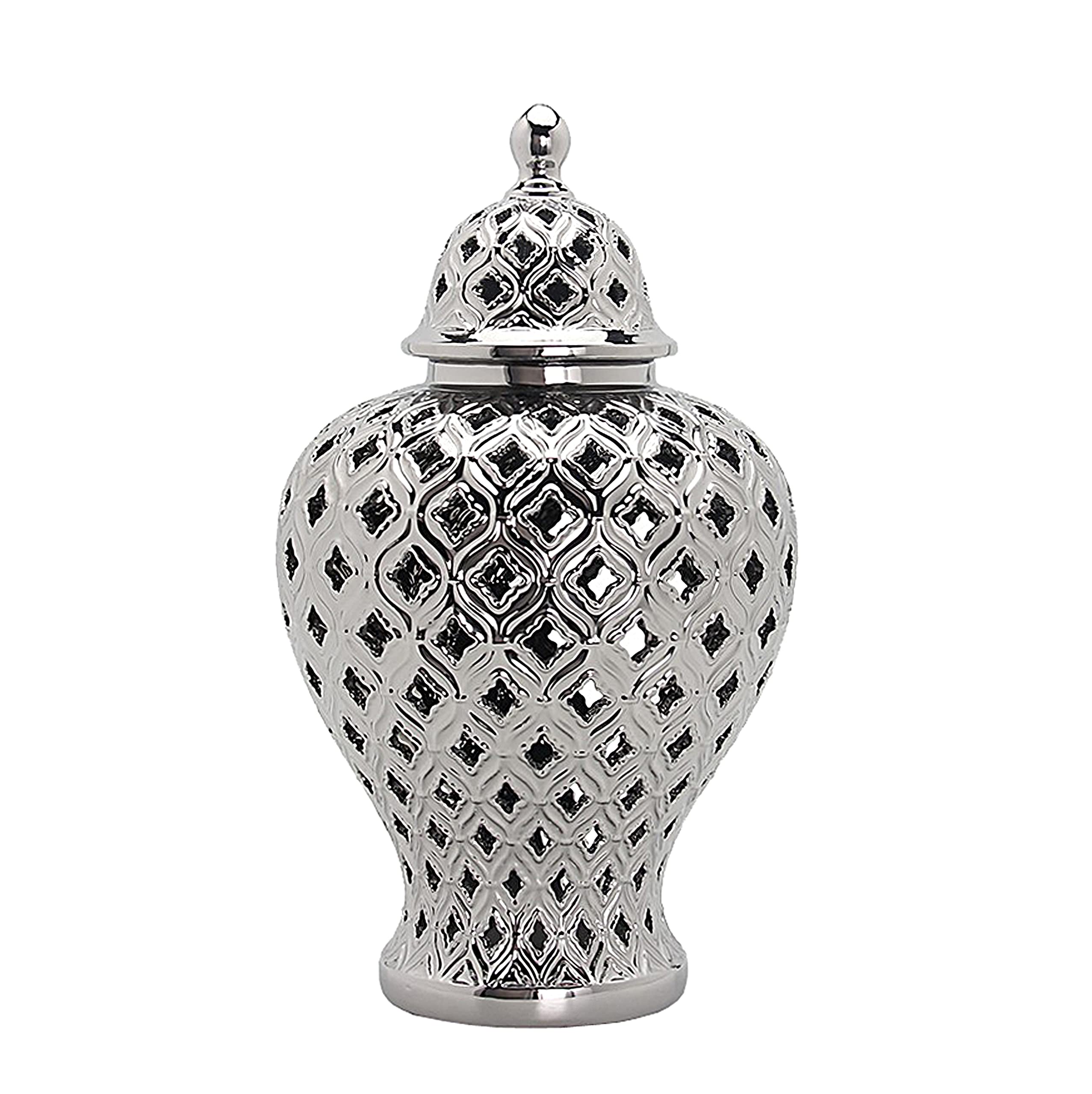 Noori Home - 100% Modern Glam Artisan Ceramic AVA Medium Silver Ginger Jar Urn with Lid 10.5x10.5x18 Inches - Elegant Home Decor for Living Room, Bedroom & Wedding Centerpiece