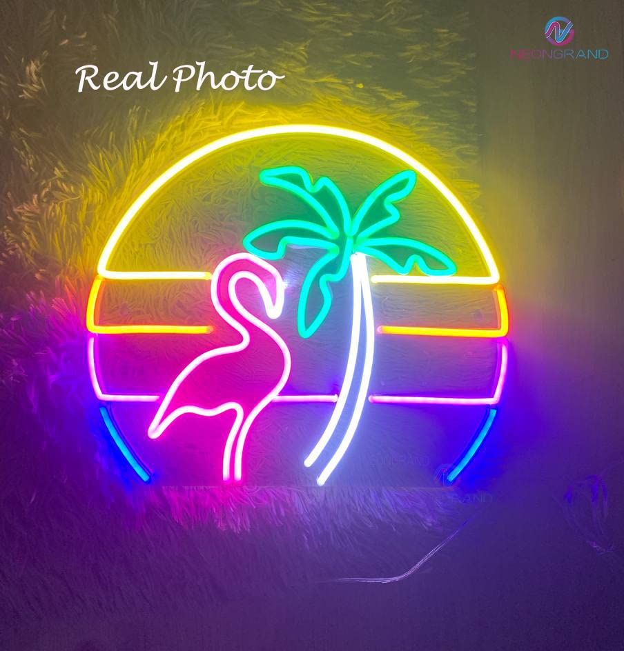 Flamingo Neon Sign - Pink LED Wall Decor for Bedroom, Tiki Bar & Tropical Theme - 33x28cm Vaporwave Neon Light with Palm Tree - Perfect for Christmas, Party & Home Decoration