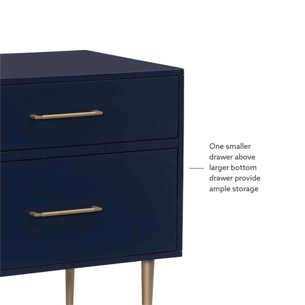 Linon Dylan Wood Nightstand with 2 Drawers, Gold Accents, Navy Blue - Modern Bedside Table for Bedroom, Guest Room & Nursery Storage