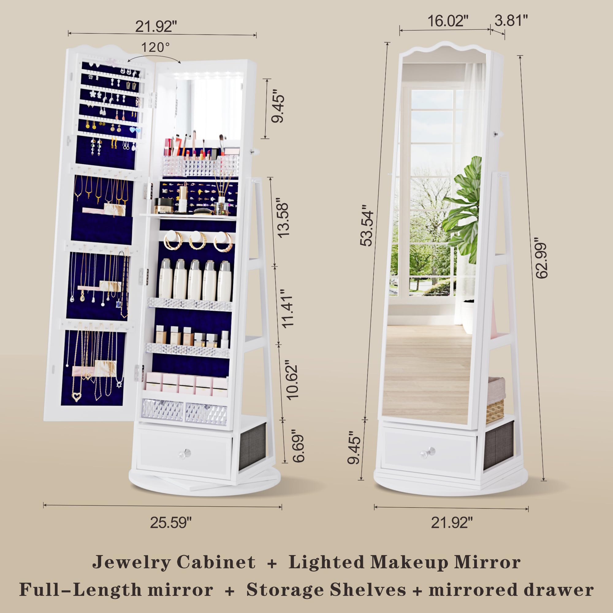 360° Rotating Jewelry Armoire with Full Length Mirror - 53