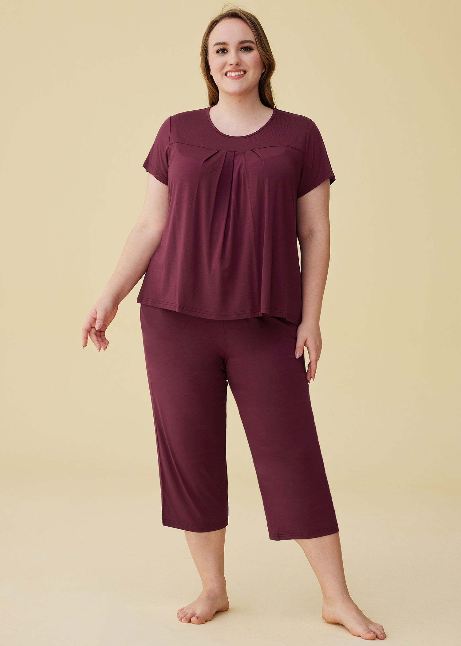 Soft & Breathable Women's Bamboo Pajama Set - Pleated Top & Capri Pants for Comfortable Sleep & Lounge Wear - Perfect for Nighttime Relaxation, Spa Days & Cozy Evenings at Home