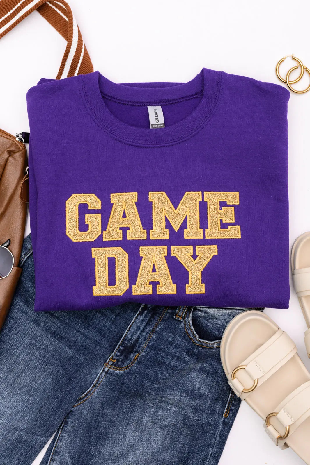 PREORDER: Embroidered Glitter Game Day Sweatshirt - Purple & Old Gold | College Football Tailgating, Sports Fan Apparel, Game Day Outfit