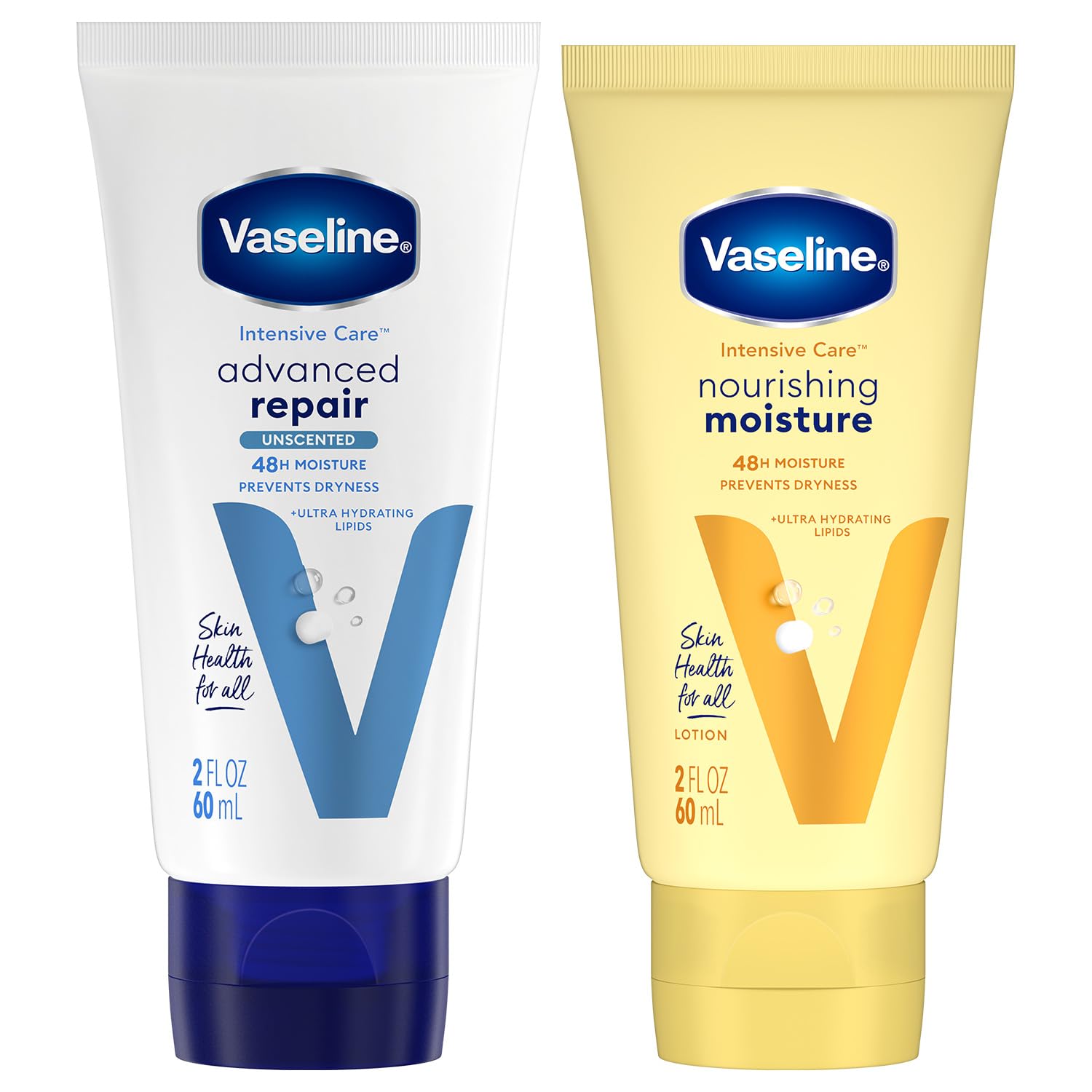 Vaseline Intensive Care Lotion Bundle - Advanced Repair Unscented & Nourishing Moisture Hand & Body Lotion for Extremely Dry Skin, 2 Oz Each (2-Piece Set) | Hydrating Skincare for Winter, Daily Moisturizer for Cracked Hands & Rough Elbows