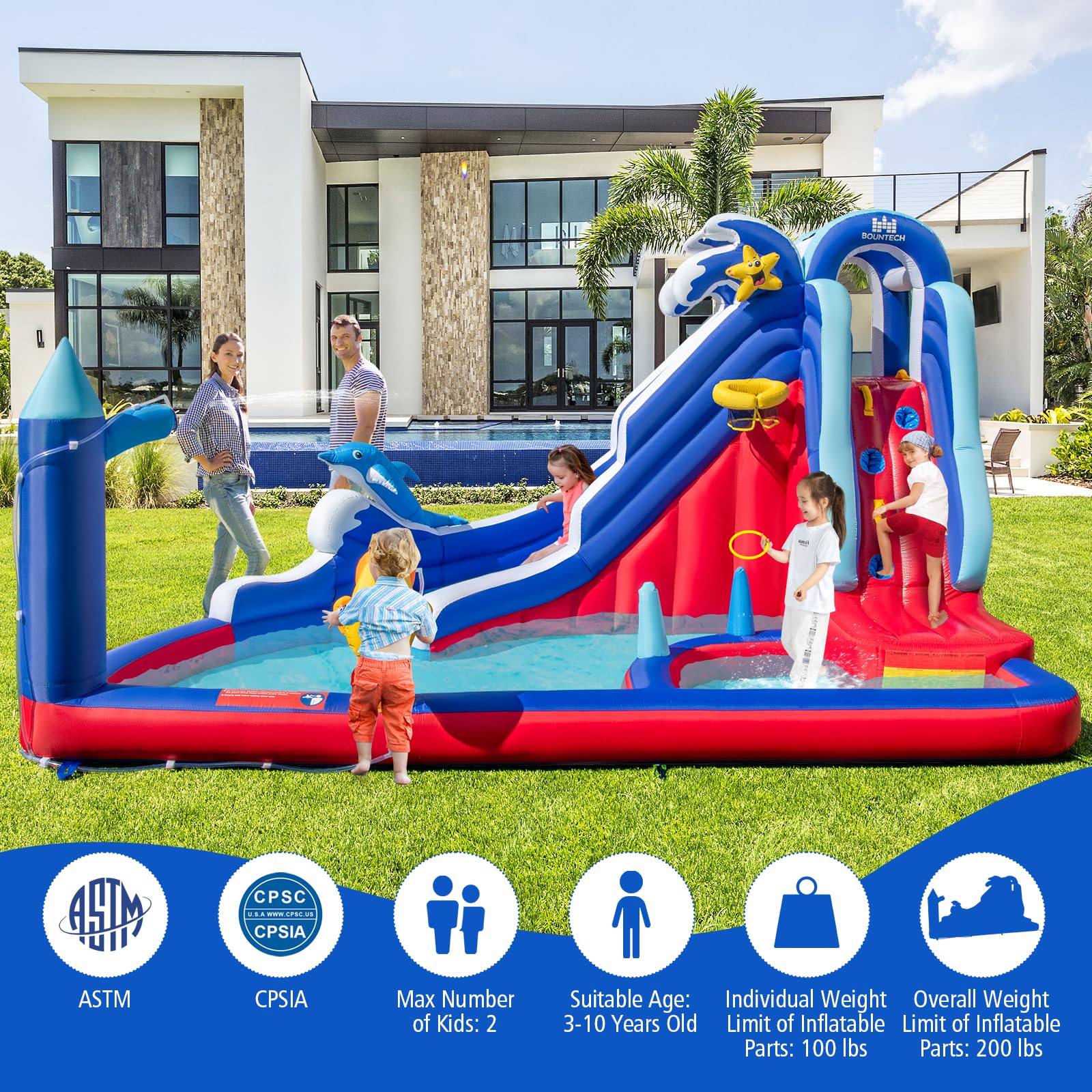 BOUNTECH Inflatable Water Slide with Dolphin Theme - Large Backyard Water Park for Kids & Adults, Includes Long Slide, Climbing Wall & Splash Pool - Perfect for Summer Parties, Outdoor Gatherings & Family Fun