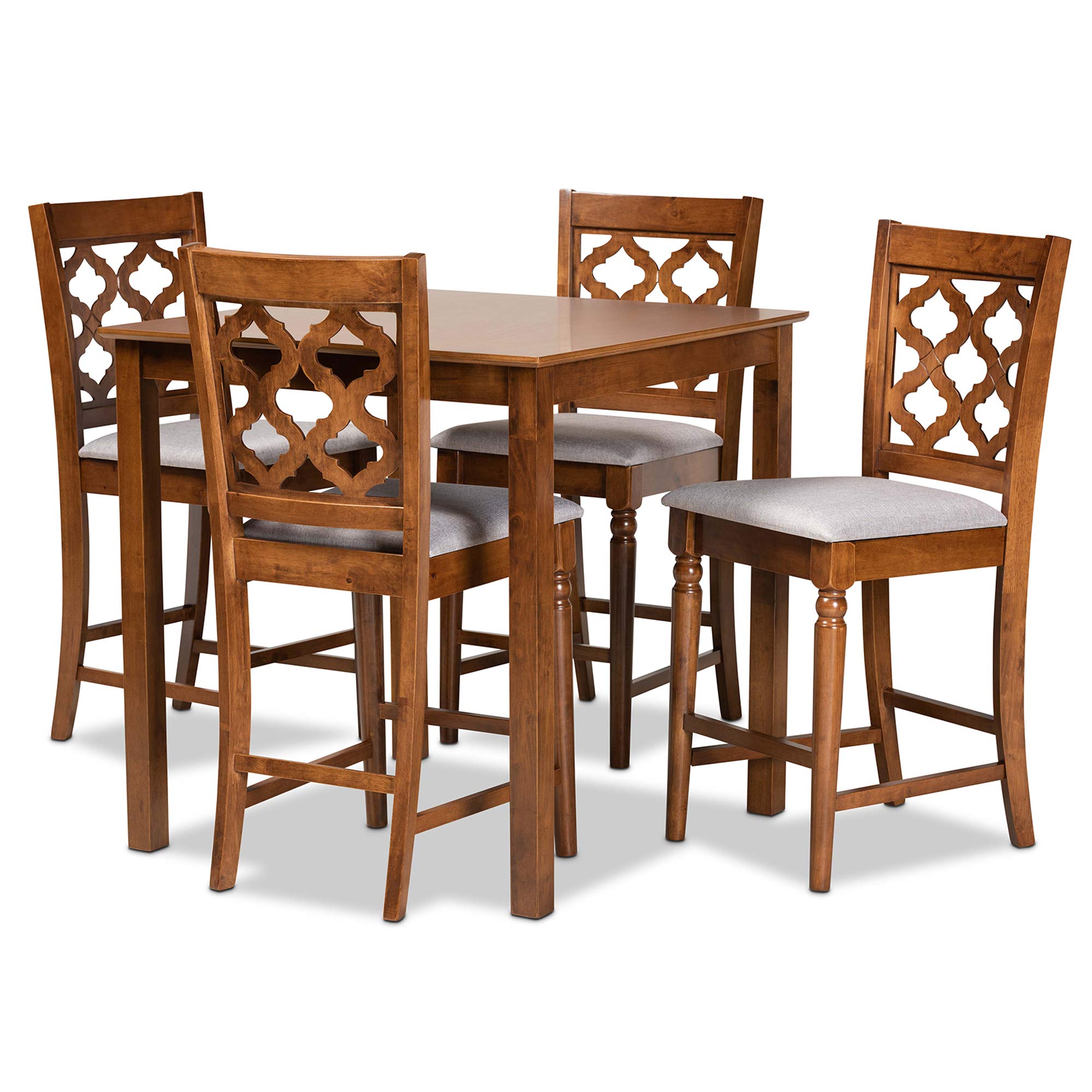 Baxton Studio Ramiro 5-Piece Pub Set - Grey Fabric Upholstered Bar Stools with Walnut Brown Wood Finish - Perfect for Kitchen Islands, Home Bars & Entertainment Spaces