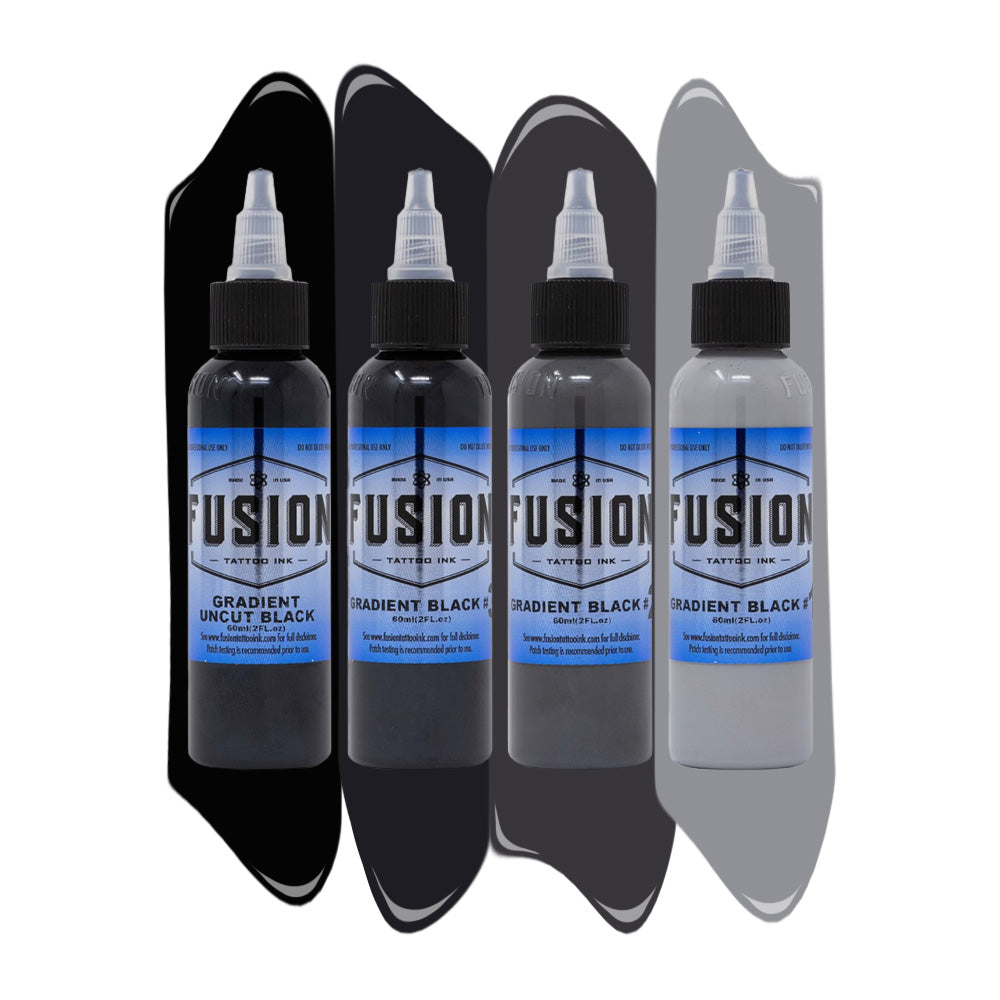 Premium Gradient Black 4-Pack Tattoo Ink Set (1oz Each) - Professional Fusion Ink for Tattoo Artists - Perfect for Sleeves, Cover-Ups & Fine Line Work