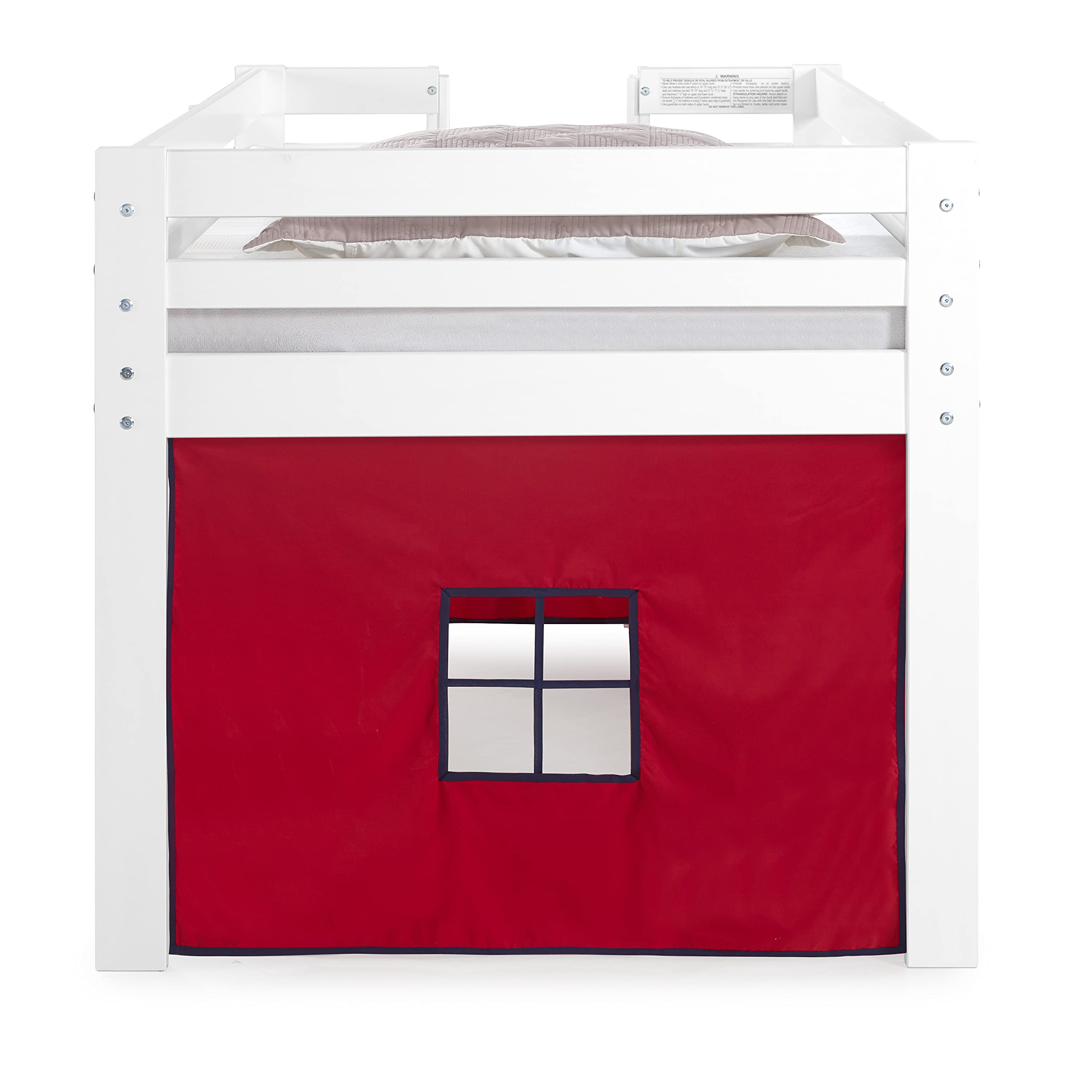 Alaterre Jasper Twin Junior Loft Bed with Playhouse Tent - White Frame & Red/Blue Bottom - Kids Space-Saving Bunk Bed for Small Rooms & Play Areas