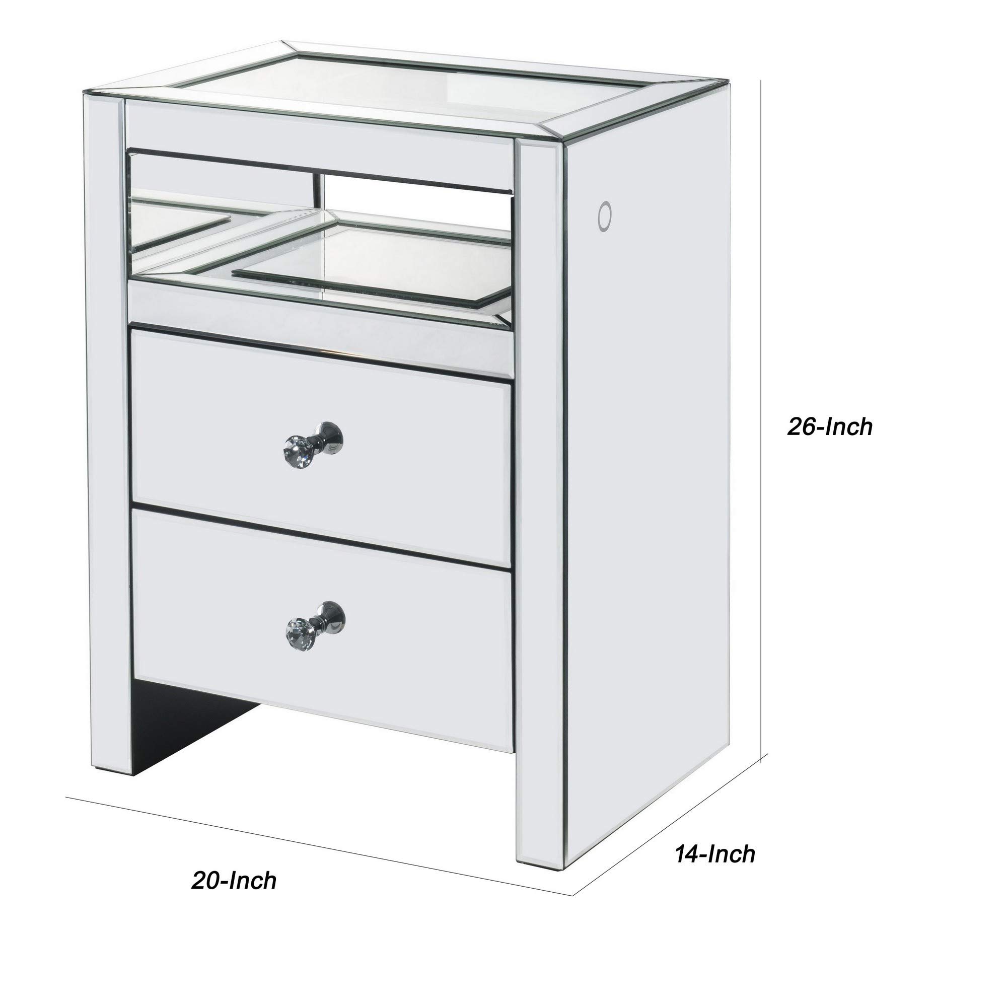 Benjara 2-Drawer Beveled Mirrored Nightstand with Glass Top & LED Lights - Silver Finish | Modern Bedside Table for Bedroom Decor & Storage