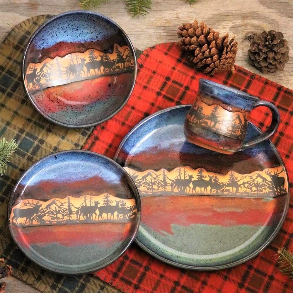 Premium Forest Elk Ceramic Dinnerware Set - Elegant Handcrafted Porcelain Plates & Bowls for Rustic Dining, Wedding Gifts & Home Decor