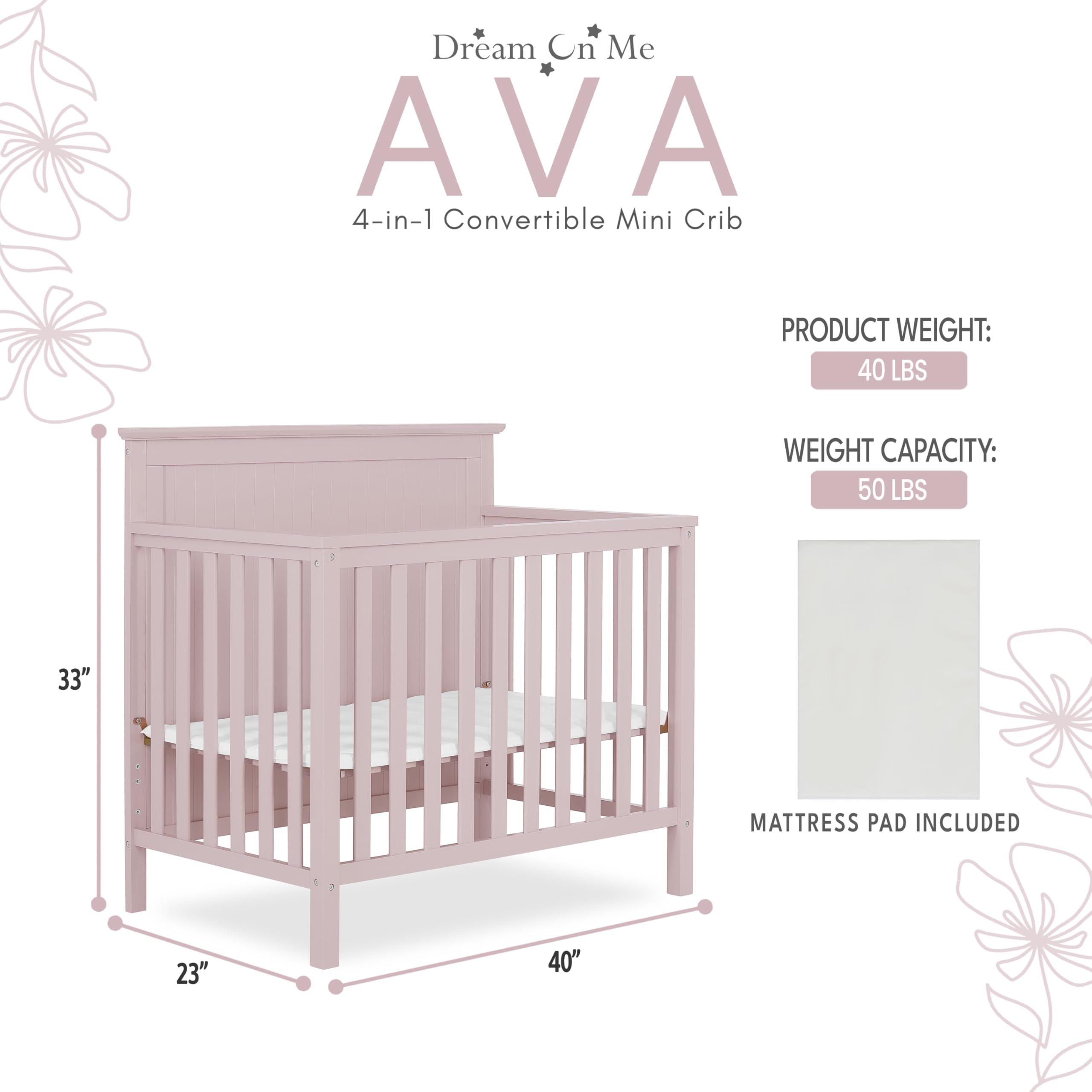 Dream On Me Ava 4-in-1 Convertible Mini Crib - Blush Pink | Greenguard Gold Certified & Non-Toxic Finish | Includes 1