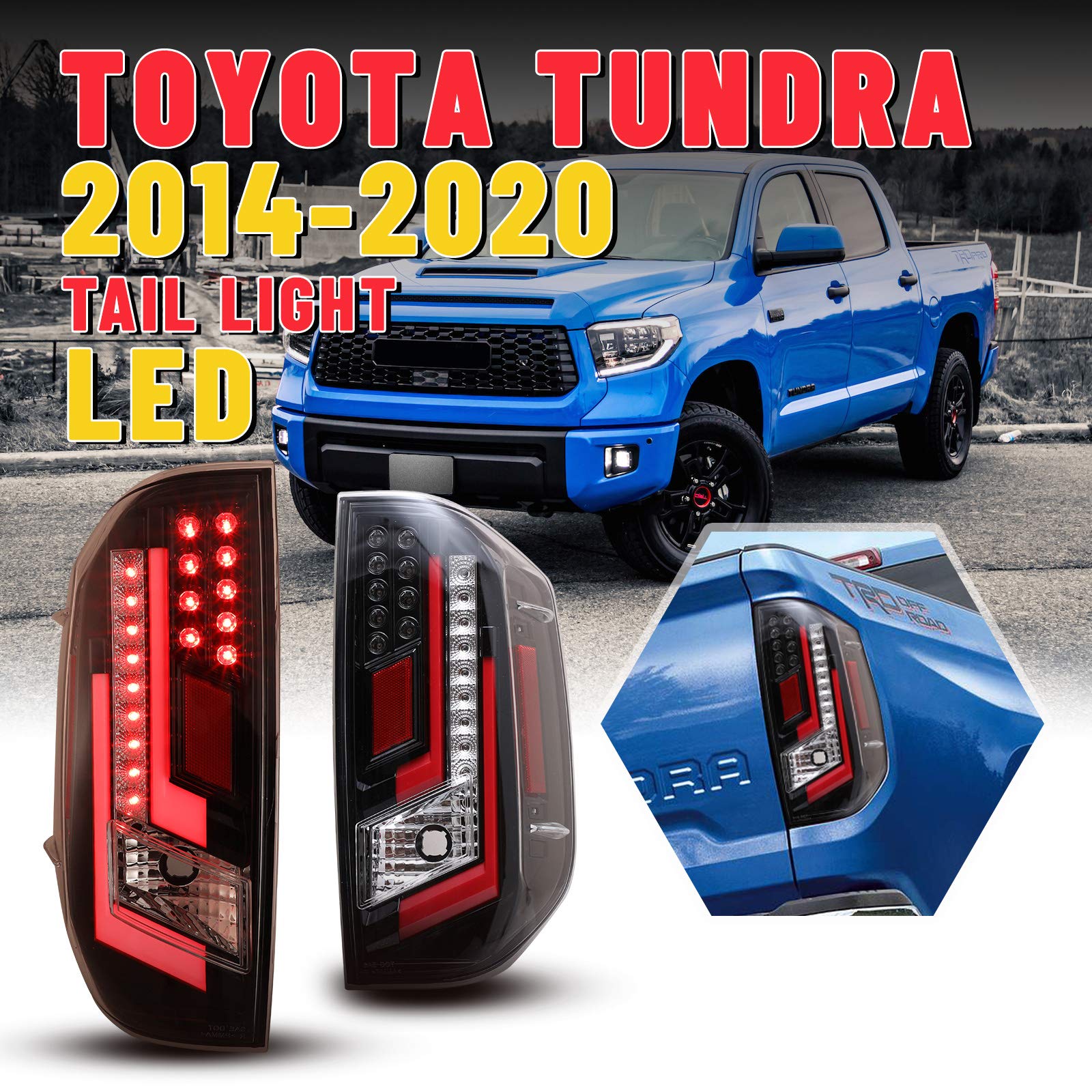 **AUTOWIKI LED Tail Lights for 2014-2020 Toyota Tundra - Glossy Black Housing, Clear Lens, Red Guide (2PCS) - Perfect for Off-Roading & Night Driving**
