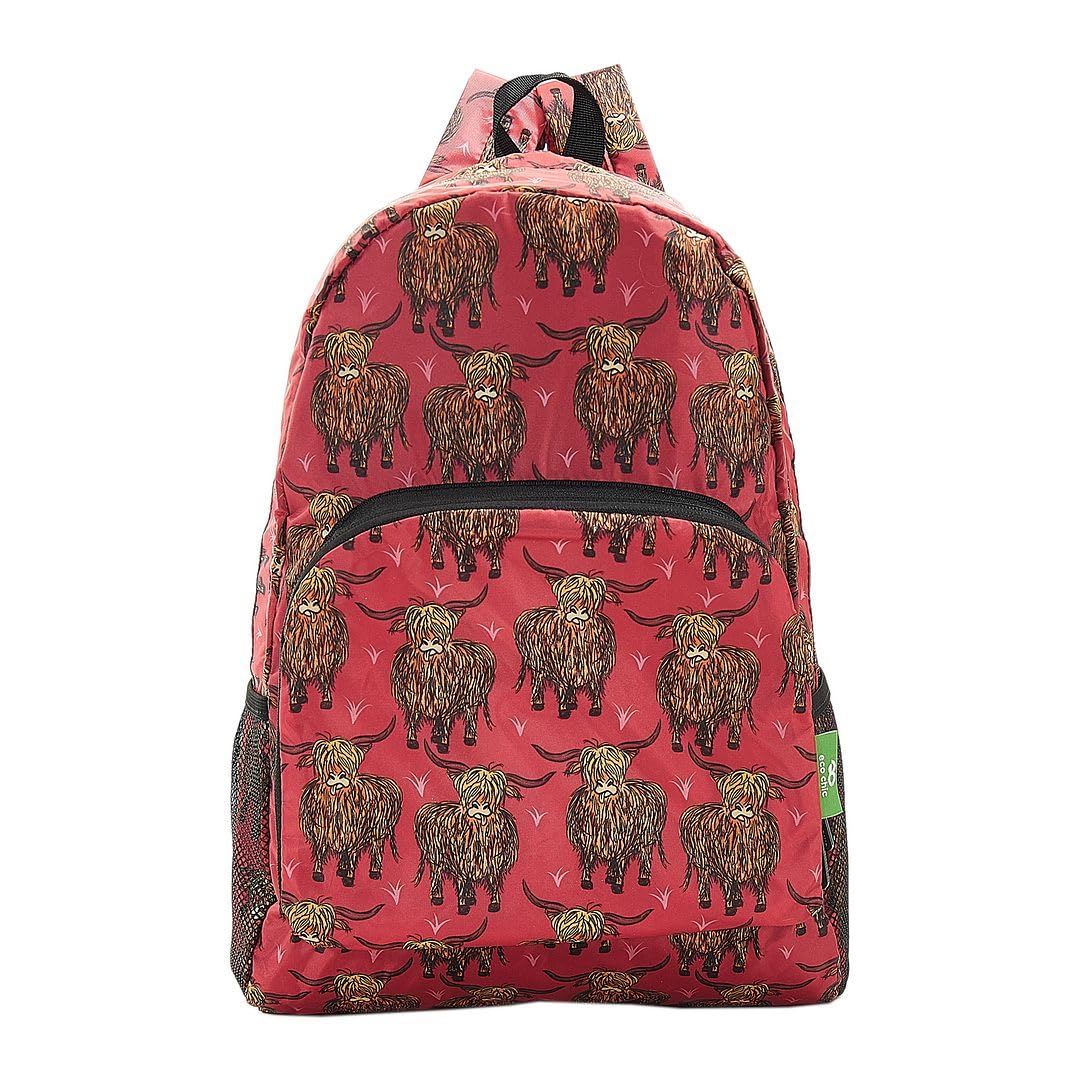 ECO CHIC Lightweight Foldable Hiking Backpack - Waterproof Travel Daypack for Outdoor Adventures & Camping - Made from Recycled Materials (Highland Cow Red) - Perfect for Hiking, Travel, Gym & Daily Use