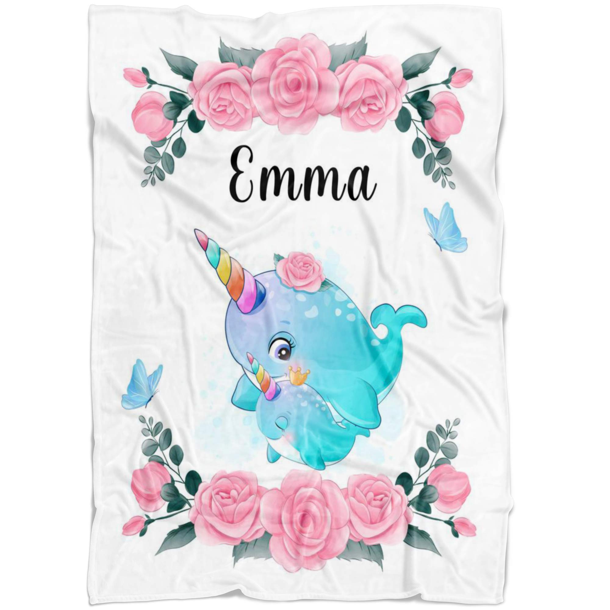 **Pink Floral Narwhal Personalized Baby Blanket - Custom Name Blanket for Girls, Nursery & Baby Shower Gift, Soft 30x40 Inch Toddler Blanket - Perfect for Cuddling, Nursery Decor & Newborn Photos**