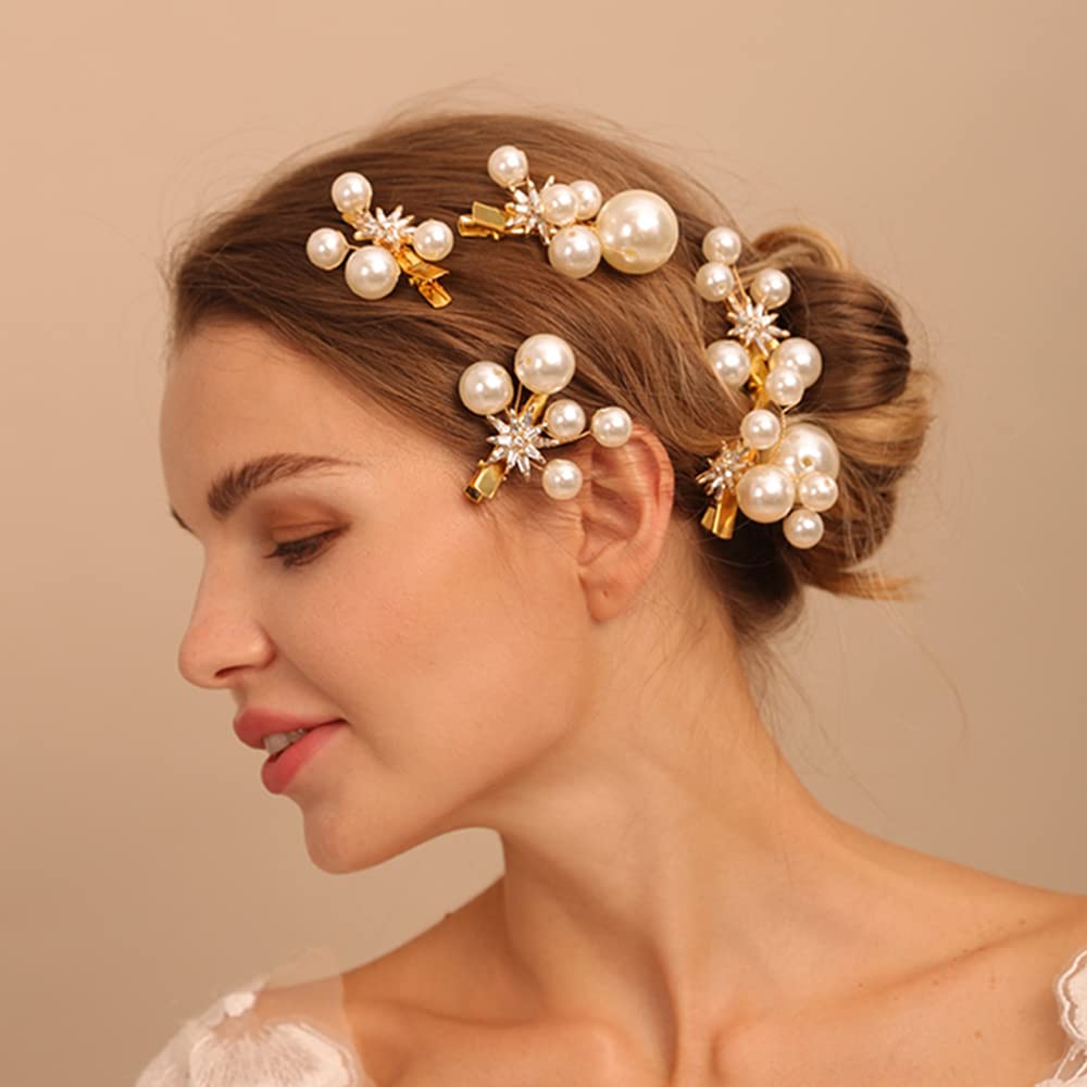 Jumwrit Pearl Hair Clips Set - 5PCS Wedding Rhinestone Crystal Bridal Hairpins, Handmade Flower Hair Accessories for Women & Girls (Gold) | Perfect for Brides, Bridesmaids, Prom, Parties & Special Occasions