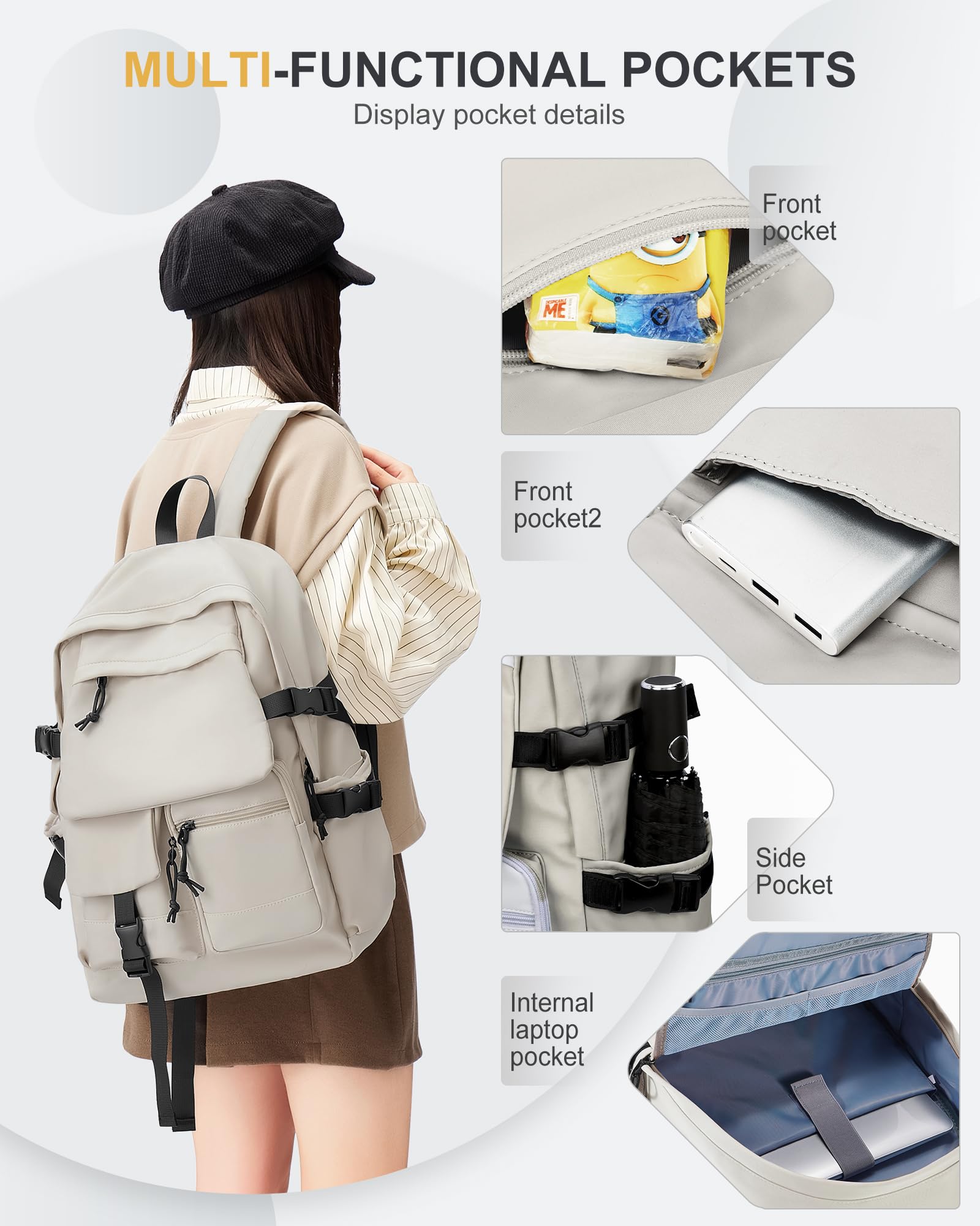 Winspansy Small Beige Backpack for College Students - Waterproof Canvas Travel Backpack for Women & Men - Lightweight Casual Bookbag Rucksack - Perfect for School, Commuting & Weekend Getaways