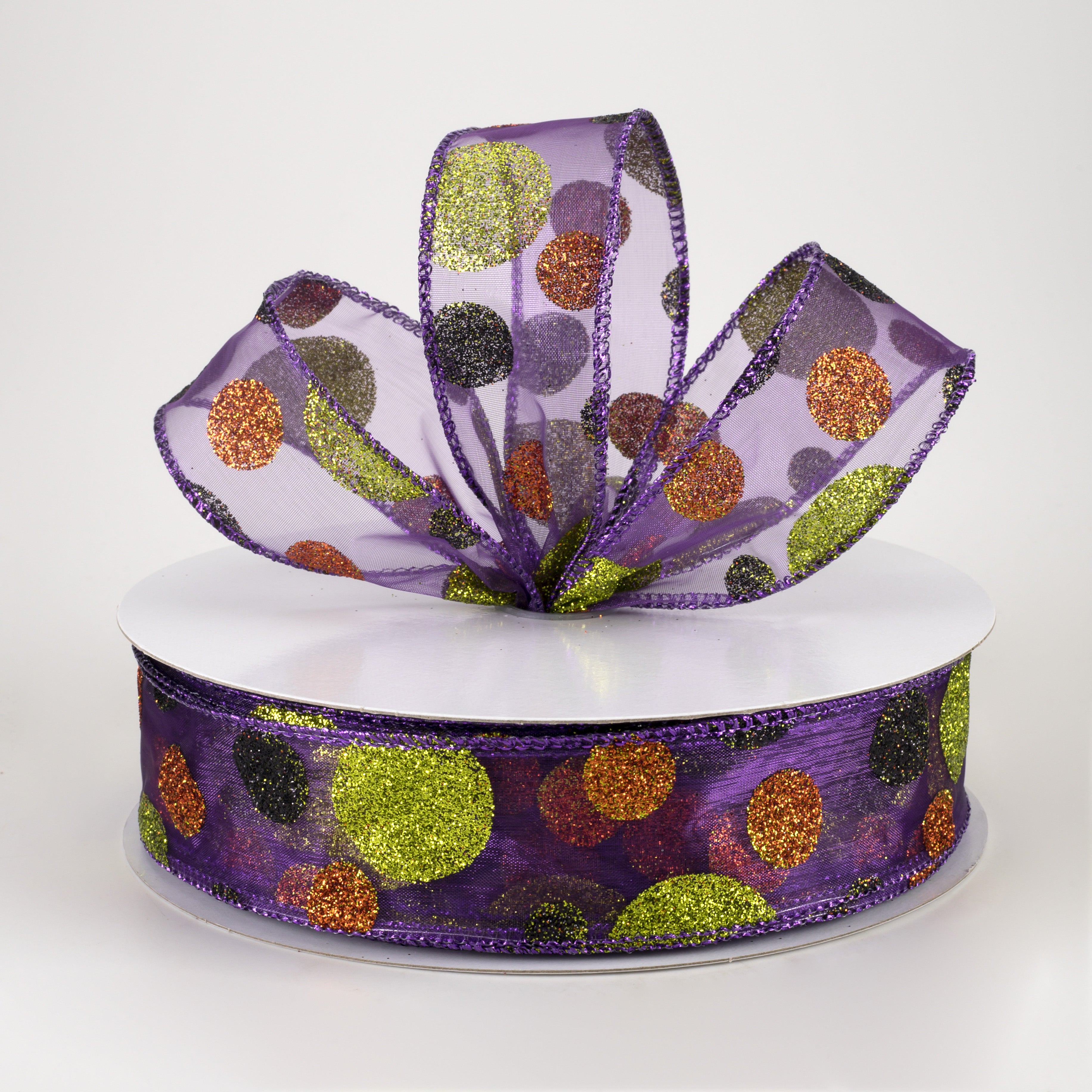 1.5 Inch Glittered Purple Sheer Ribbon with Halloween Dots - 50 Yards Bulk Roll for Gift Wrapping, Party Decorations, and DIY Crafts
