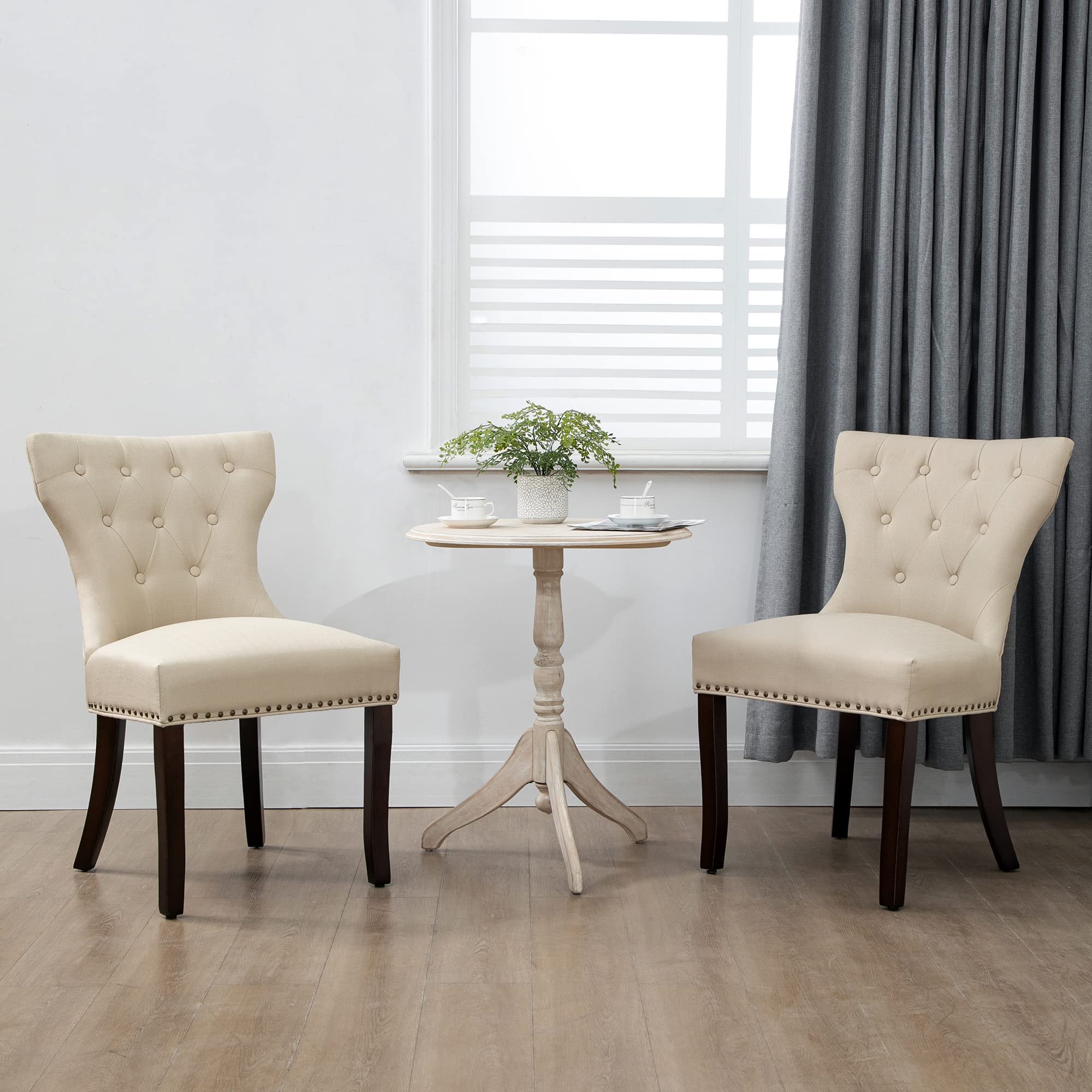 DAGONHIL Fabric Dining Chairs Set of 2 - Tufted Upholstered Solid Wood Accent Chairs with Nail Heads & Buttons for Dining Room & Living Room - Beige - Perfect for Home, Office, and Restaurant Decor