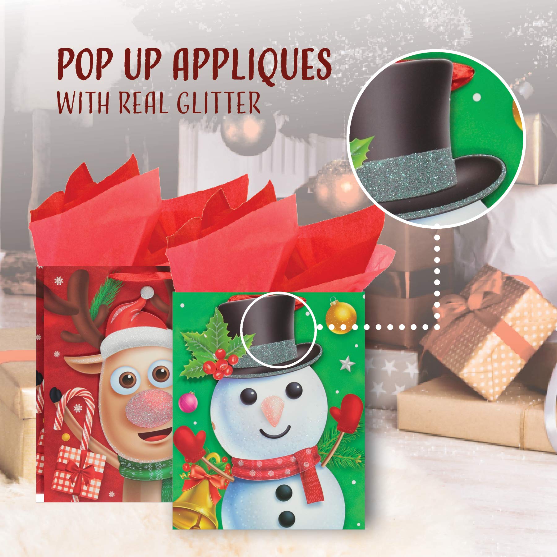 Neliblu Mega Pack of 12 Large Christmas Gift Bags - Traditional Holiday Character Design for Xmas Presents - Perfect for Holiday Parties, Gift Exchanges & Festive Wrapping