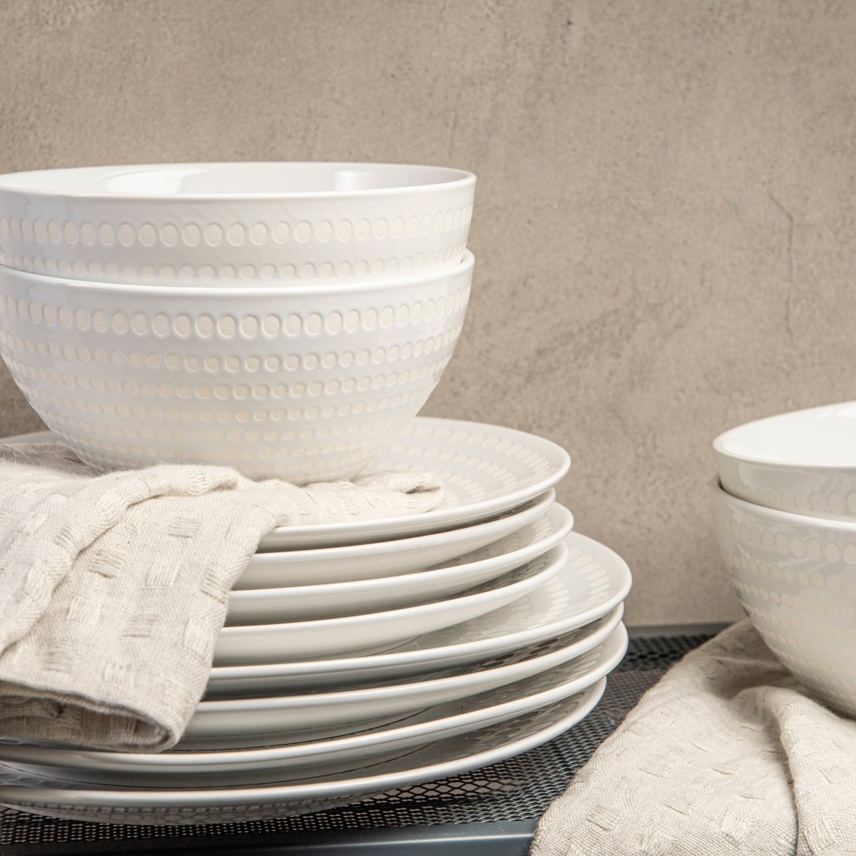12-Piece Bijou Ceramic Dinnerware Set - Elegant Pearl White Plates & Bowls for Everyday Dining, Entertaining, and Special Occasions