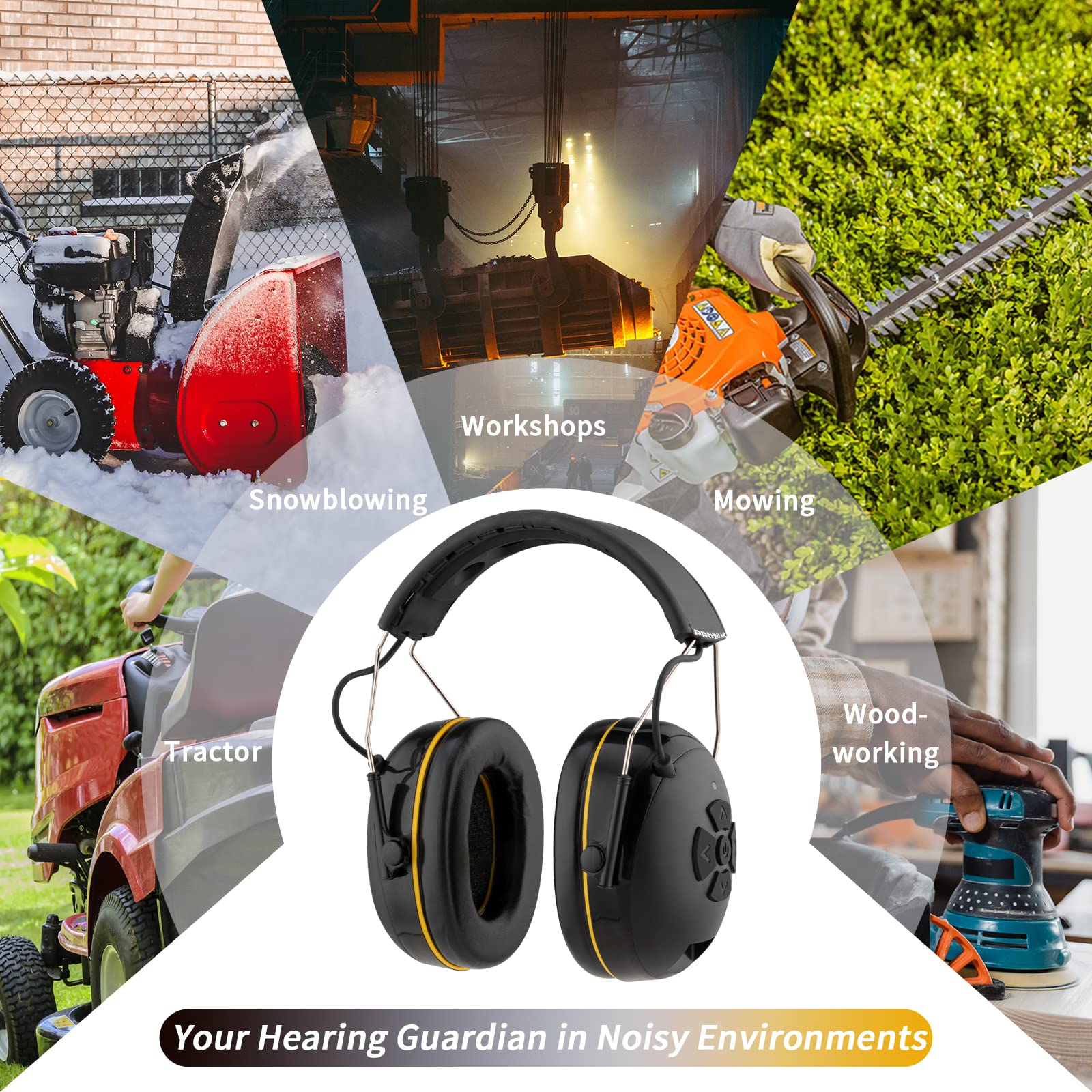Upgraded E6850 Bluetooth Hearing Protection with Noise Reduction, Integrated Microphone & High-Fidelity Speakers, 120H+ Playtime, NRR 25 dB Ear Muffs for Mowing, Workshop, Shooting, and Outdoor Activities