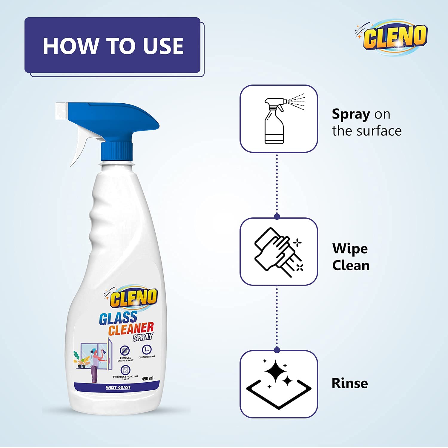 Cleno Glass Cleaner Spray - 450ml Ready to Use for Tabletops, Mirrors, Windows, Fridge, Oven, Kitchen Cabinets & Car Glass | Streak-Free Shine for Home, Office & Automotive Use