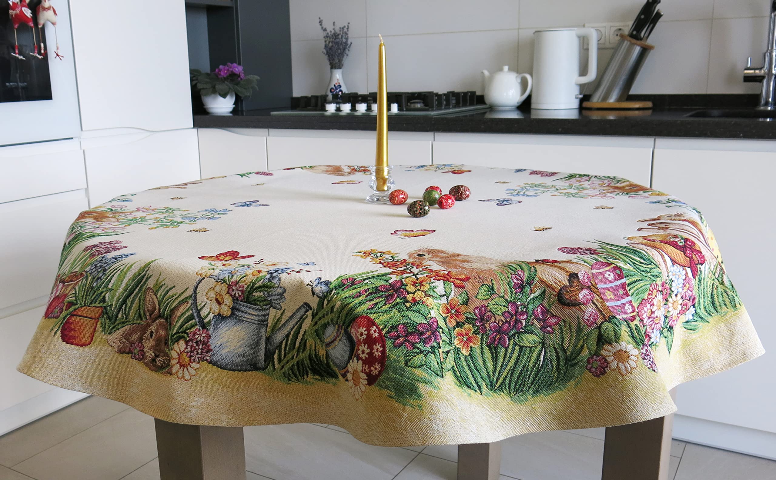 Easter Round Tablecloth 54 Inch - Floral Bunny Egg Design Fabric Table Cover for Holiday Dining, Party Decor, Spring Celebration