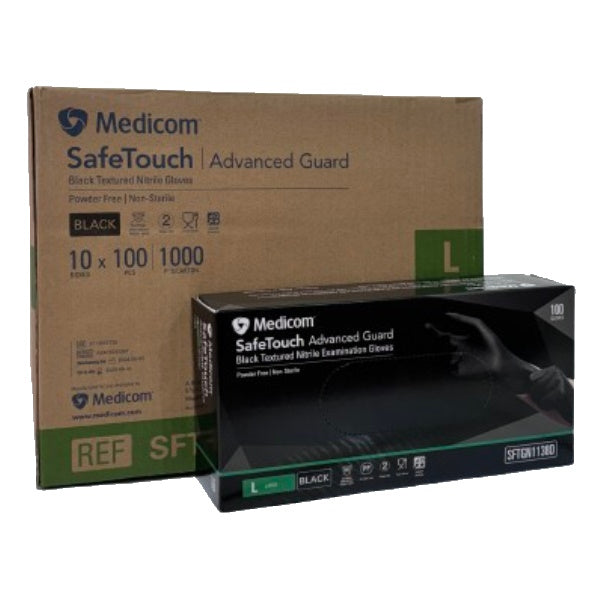 Medicom SafeTouch Nitrile Disposable Gloves - Black, Powder Free, Latex Free, 100 Pcs/Box - Ideal for Medical, Food Handling, Cleaning & Tattoo Use