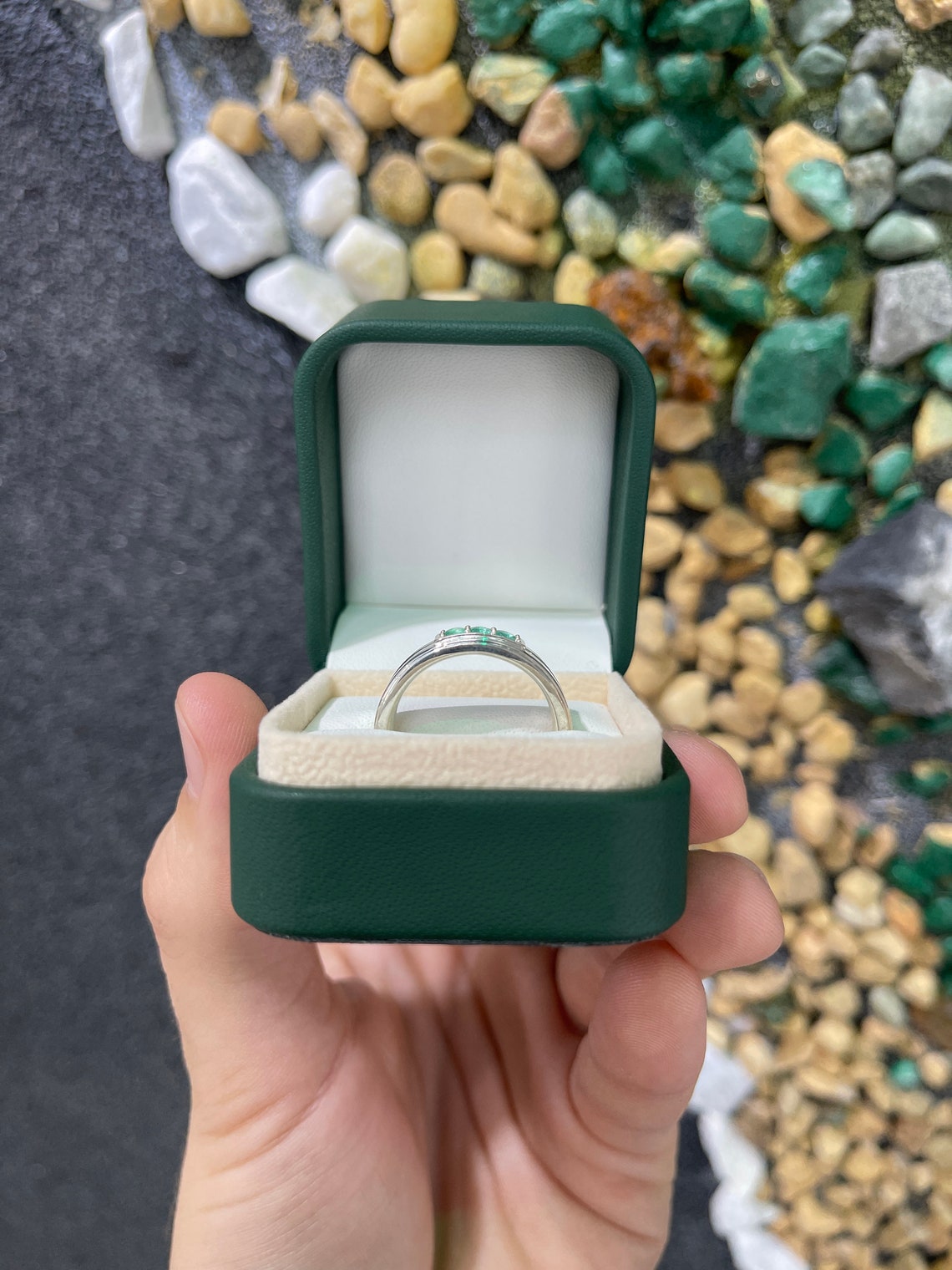 0.40tcw Colombian Emerald Round Cut Three Stone Sterling Silver Ring for Women - Elegant Jewelry Gift for Anniversary, Engagement & Special Occasions