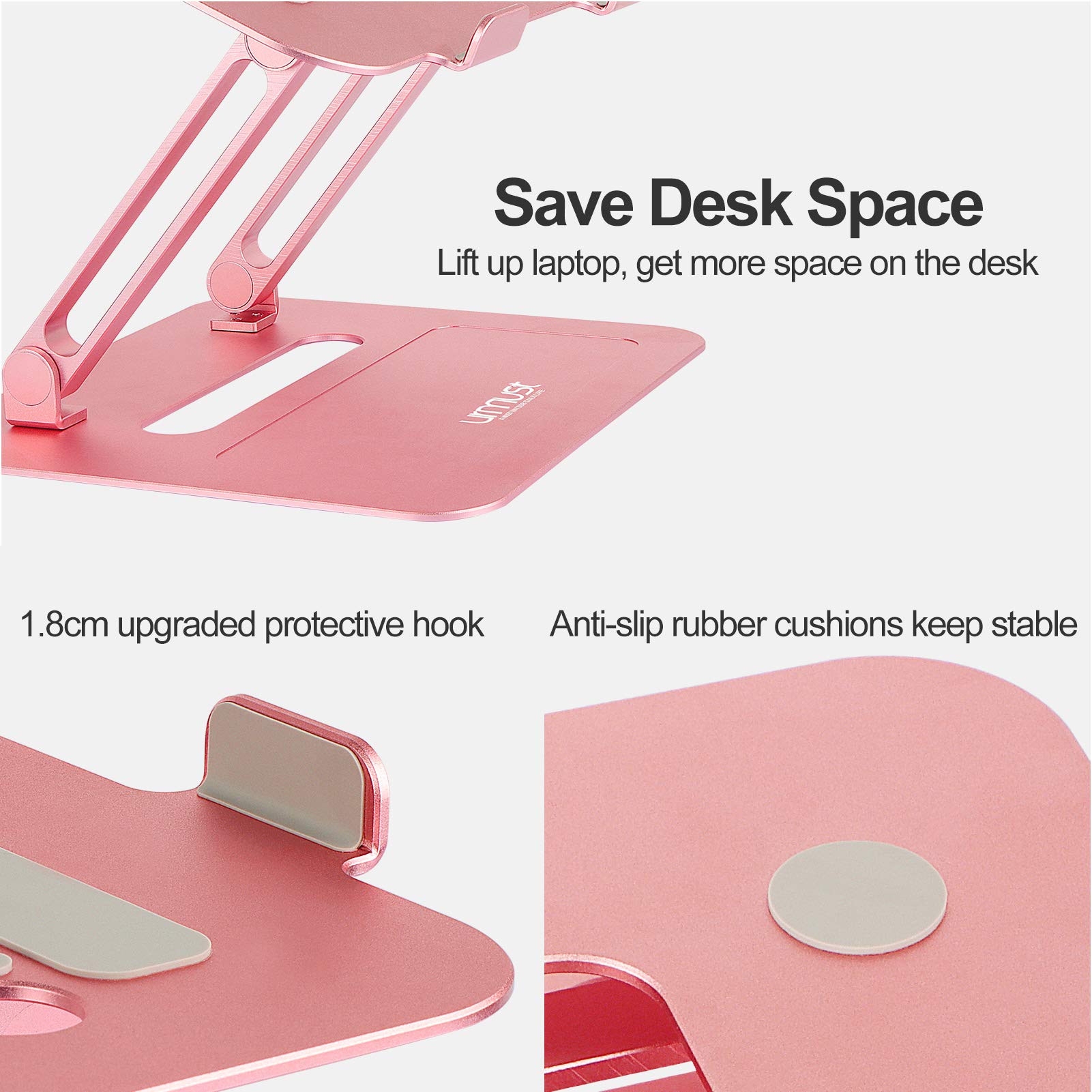 Urmust Adjustable Aluminum Laptop Stand for Desk - Rose Gold Laptop Riser Holder Compatible with MacBook Air Pro, Ultrabooks & All 11-17 Inch Laptops, Perfect for Home Office, Gaming & Study
