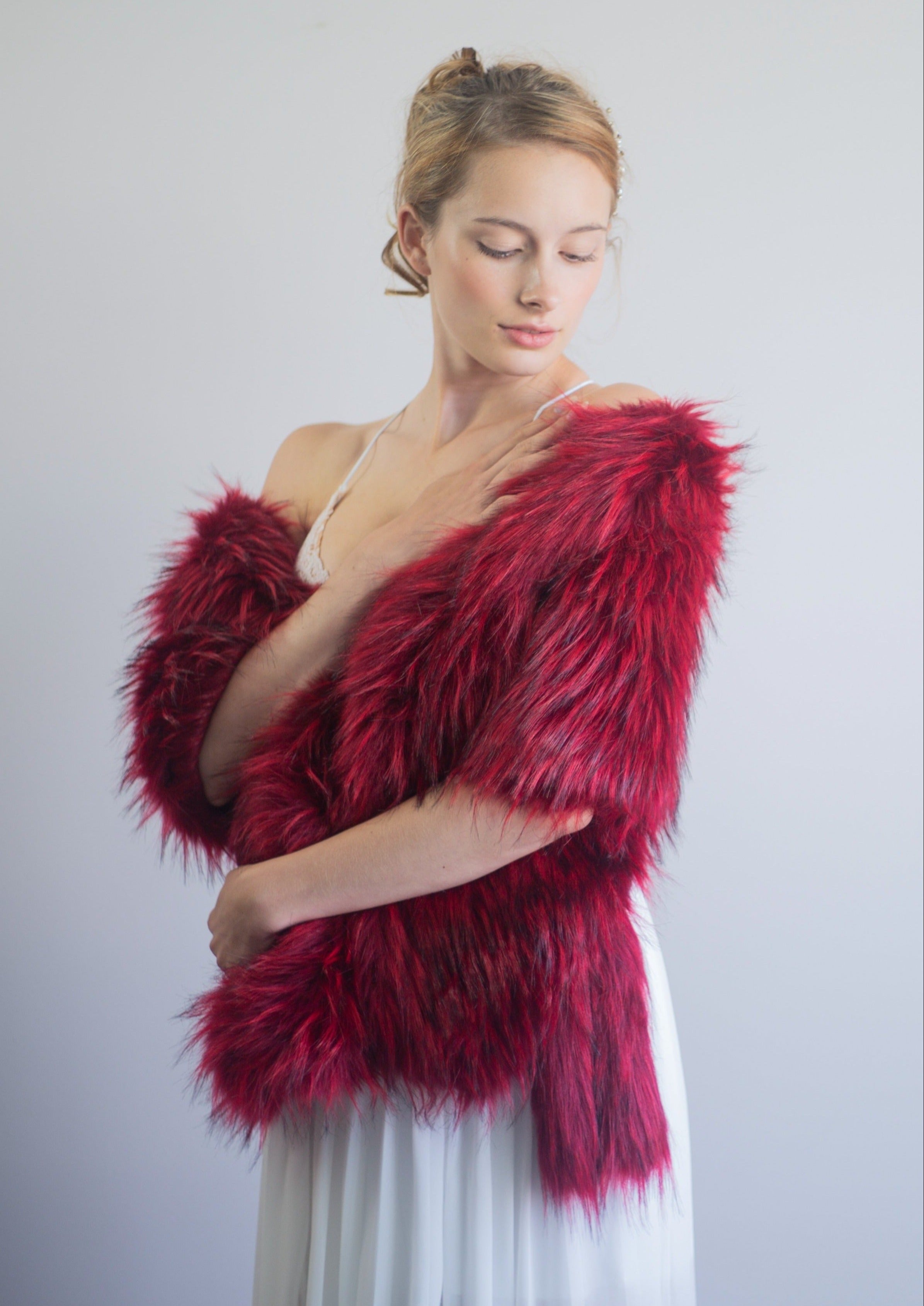 Luxury Red Fur Shawl Wrap - Soft & Warm Winter Accessory for Women (Lilian Red02) - Perfect for Parties, Weddings & Cold Weather Fashion