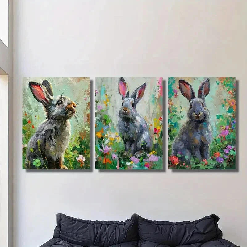 3-Piece Watercolor Silver Fox & Bunnies in Wildflowers Metal Wall Art - Ready to Hang Home Decor for Living Room, Bedroom & Office