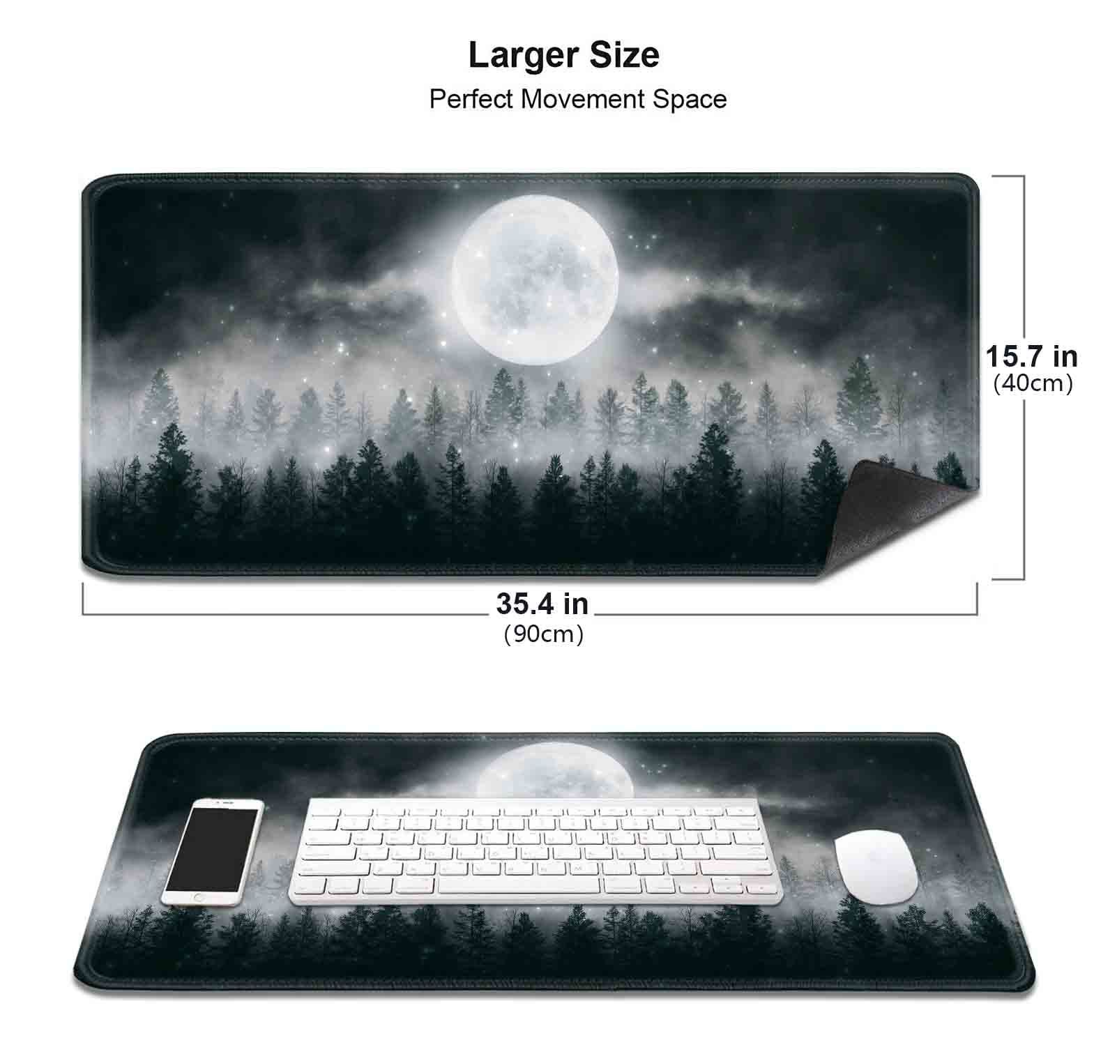 Full Moon Snow Fog Mouse Pad - Extra Large Dark Misty Forest Design, Non-Slip Rubber Base XXL Gaming Mouse Mat for Full Desk - Perfect for PC Gaming, Office Work & Home Computer Setup