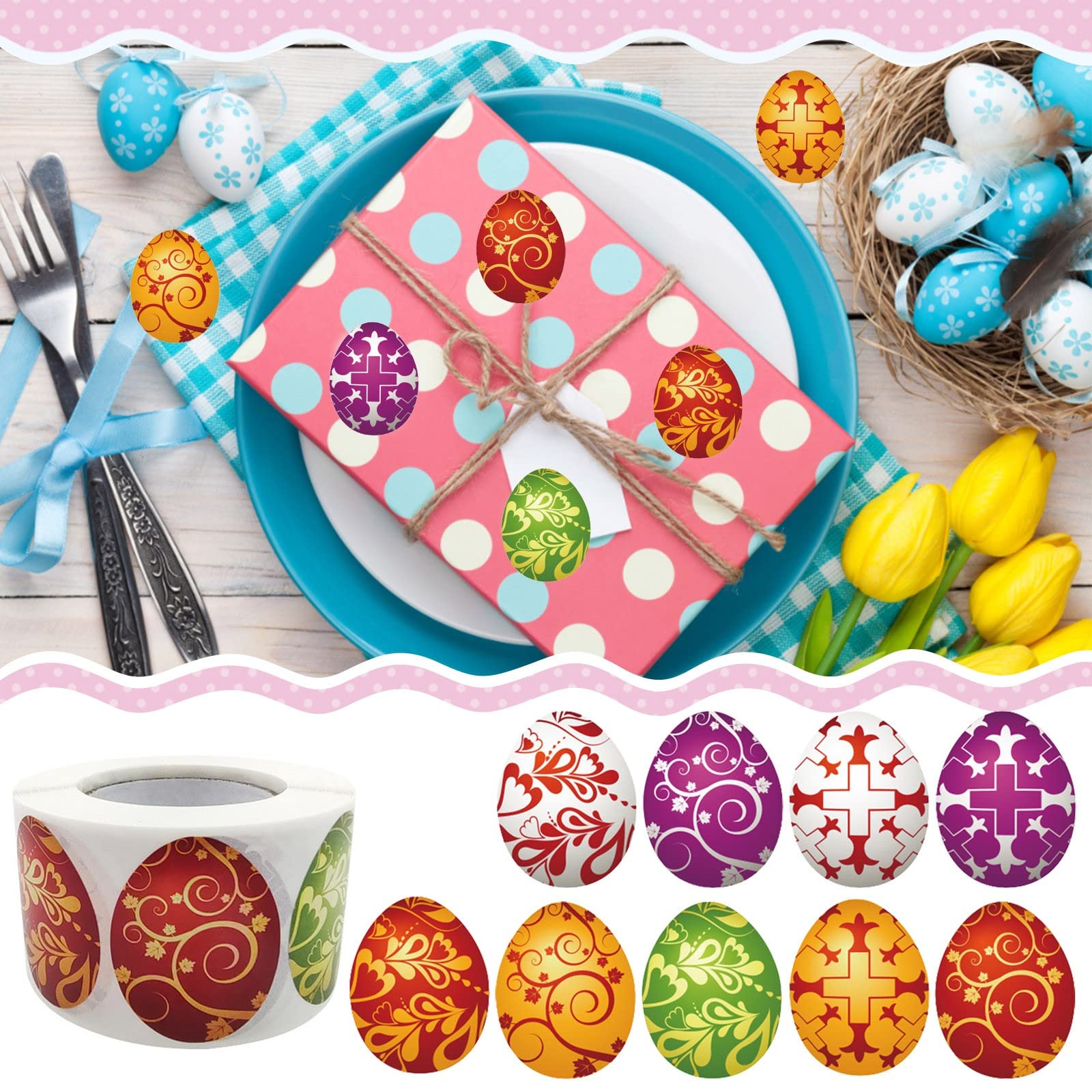500 Pcs Multicolor Easter Stickers - Waterproof Thank You Labels for Kids Crafts, DIY Scrapbooking, Party Decorations & Gift Wrapping - Fun Classroom, Home, Office Decorative Sticker Roll