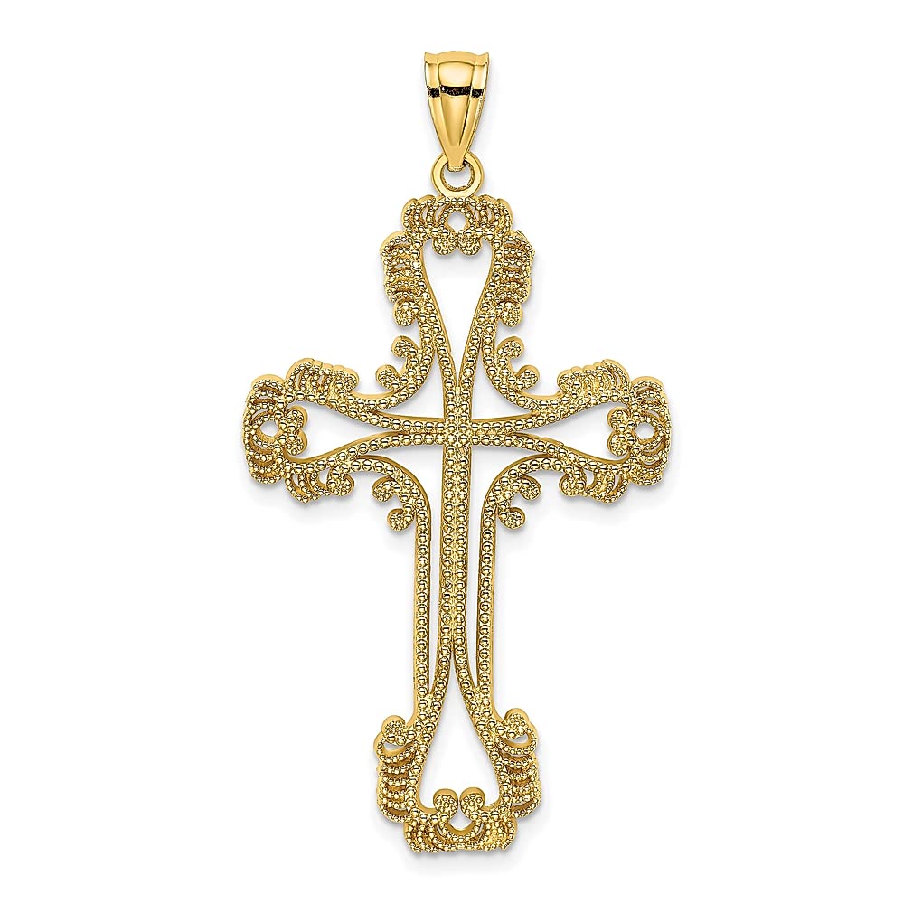 14K Yellow Gold Beaded Cut-Out Cross Pendant Necklace - Religious Swirl Design Charm Jewelry for Women, Perfect Gift for Her - Ideal for Church, Weddings & Special Occasions