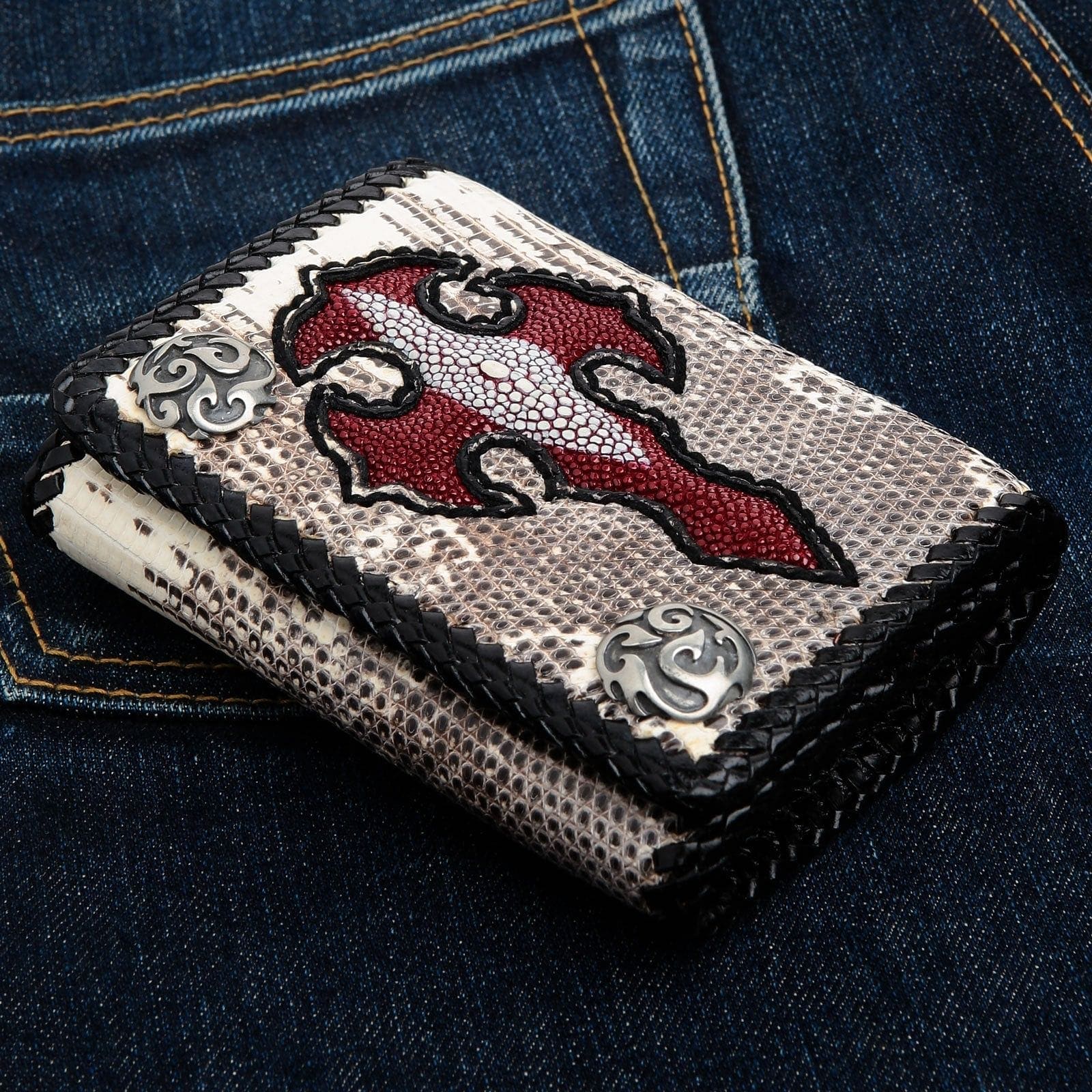 Red Stingray Gray Leather Cross Biker Wallet for Men - Slim RFID Blocking Motorcycle Wallet with Money Clip - Perfect for Riding, Travel & Everyday Use