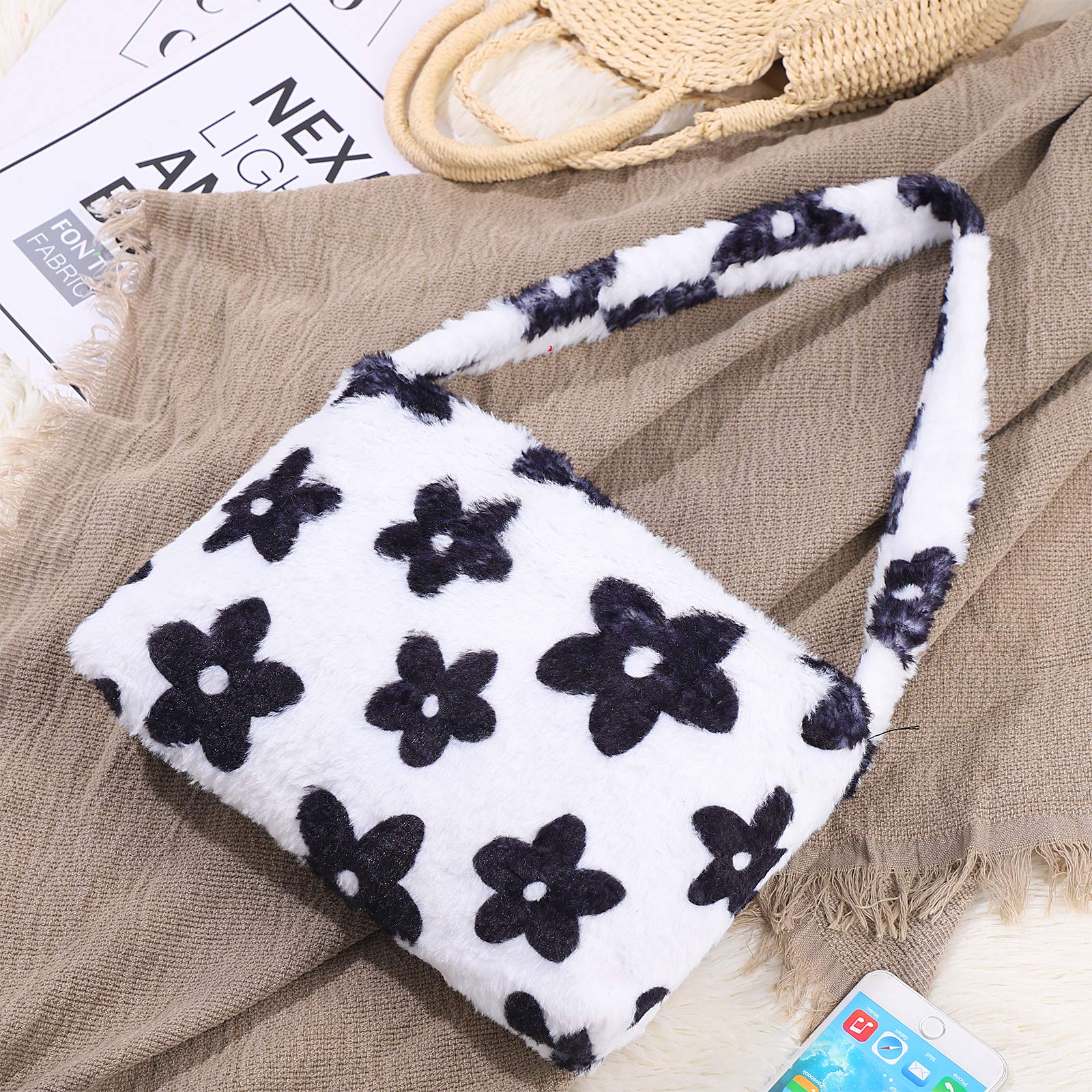 ABOOFAN Women's Plush Cow Print Shoulder Bag - Faux Fur Clutch Handbag, Crossbody Purse & Tote in Black & White | Winter Fashion Accessory, Holiday Gift, Party Outfit Essential, Casual Everyday Use