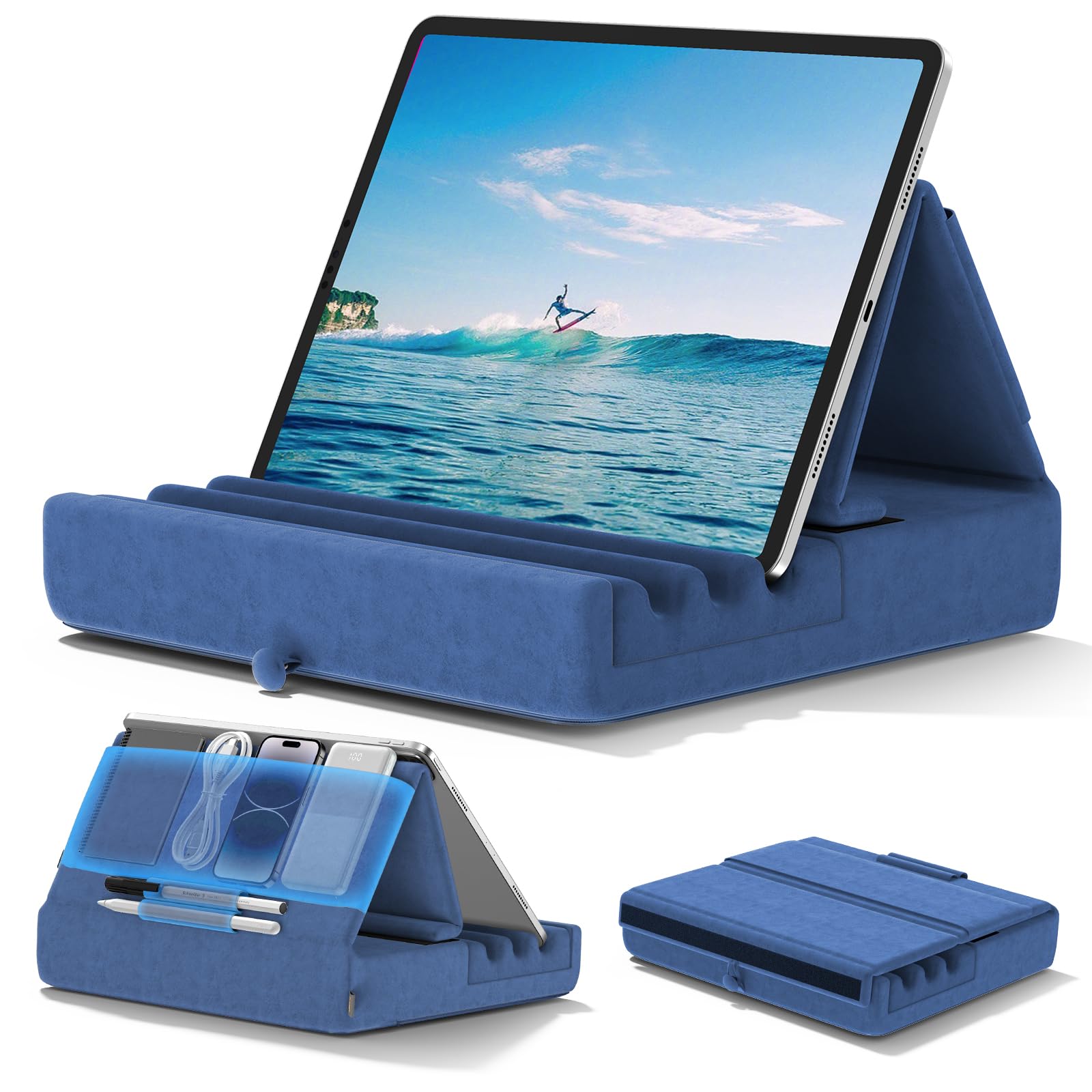 KDD Foldable Tablet Pillow Stand - Adjustable iPad Holder for Lap, Bed & Desk with Storage Pocket & Stylus Mount | Compatible with iPad Pro 12.9/10.5/9.7, Air, Mini 6/5/4/3, Galaxy Tab & E-Readers | Perfect for Reading, Watching Movies & Working Comfortably