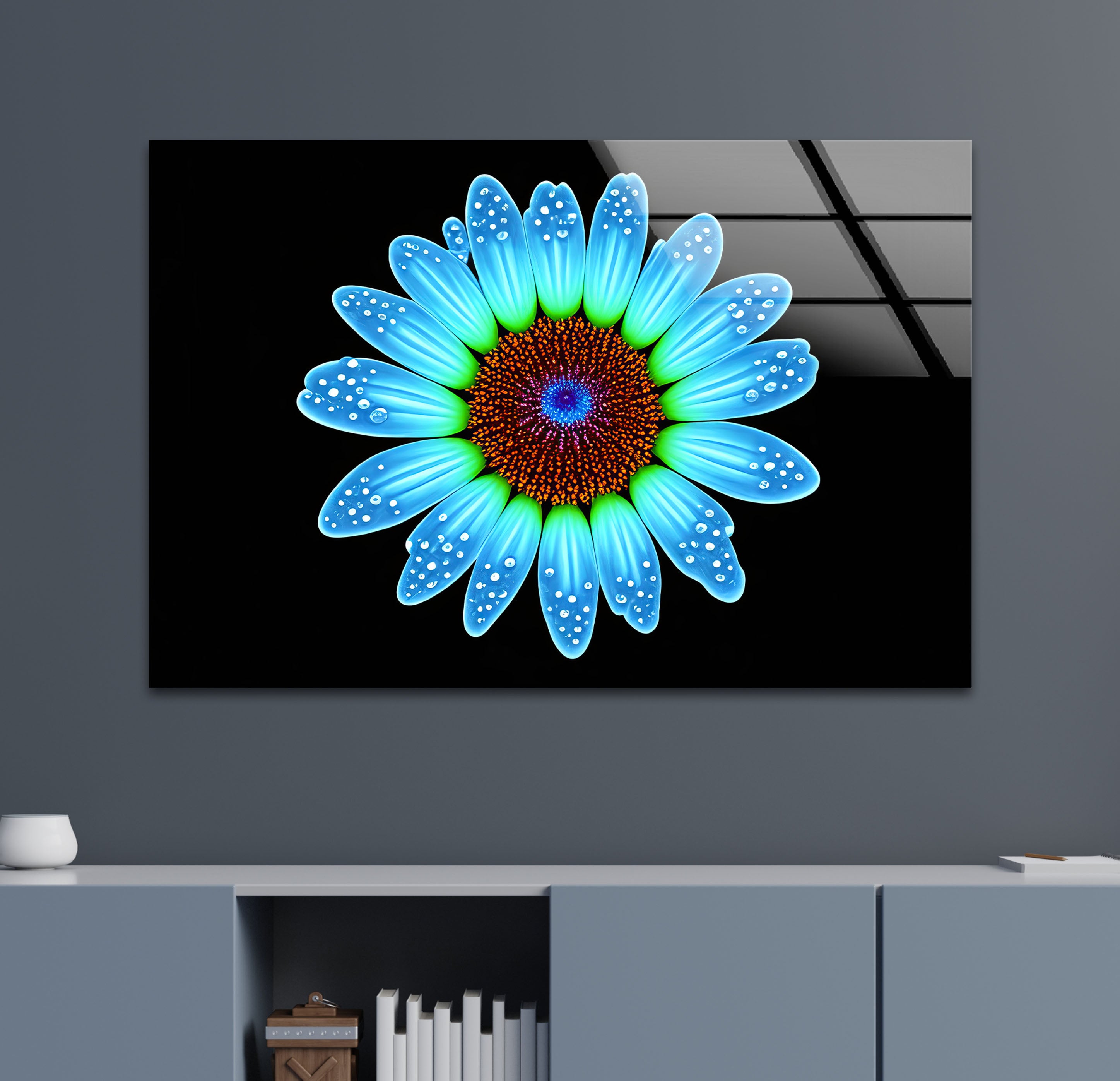Blue Daisy Flower Wall Art - Luminous Glass Print on Black Background with Water Droplet Detail | Modern Home Decor for Living Room, Bedroom & Office | Elegant Botanical Wall Decor for Contemporary Interiors