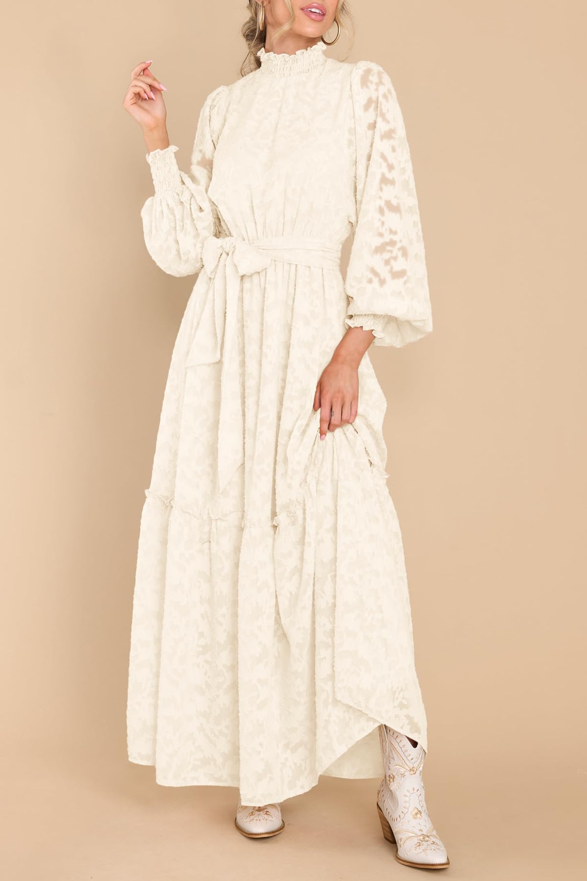 Elegant Floral High Neck Long Sleeve Women's Maxi Dress with Elastic Waist & Belt - MITILLY Formal Fall Dress for Weddings, Parties & Office Wear