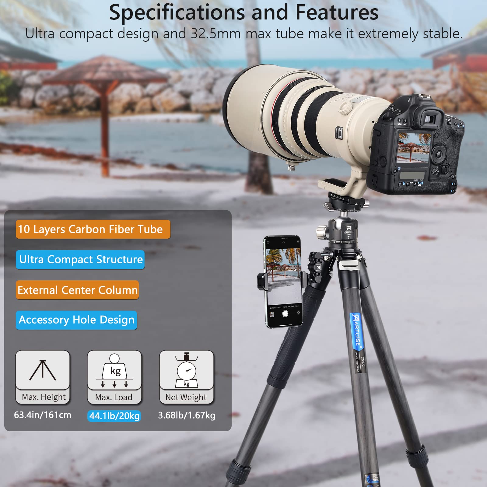 32.5mm Ultra Lightweight Carbon Fiber Tripod with Carry Bag - 10-Layer Heavy Duty Travel Camera Stand & Detachable Monopod for Canon Sony Nikon DSLR Cameras - Supports 25kg Load - Perfect for Travel, Hiking, Vlogging and Outdoor Photography