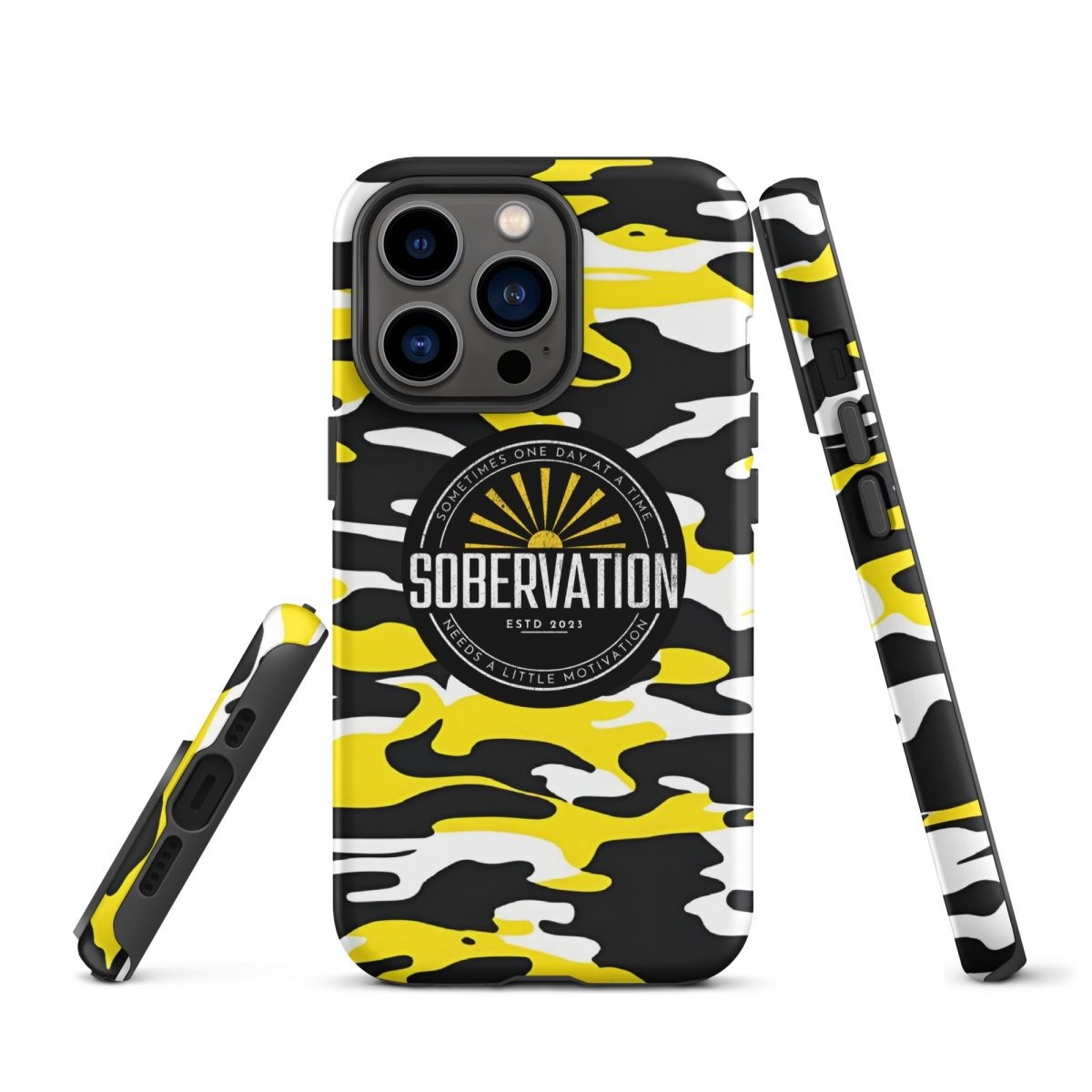 Sobervation Yellow Camo iPhone Case - Durable Shockproof Protective Cover for iPhone 14/13/12/11 Pro Max XR XS - Perfect for Outdoor Adventures, Hiking & Travel